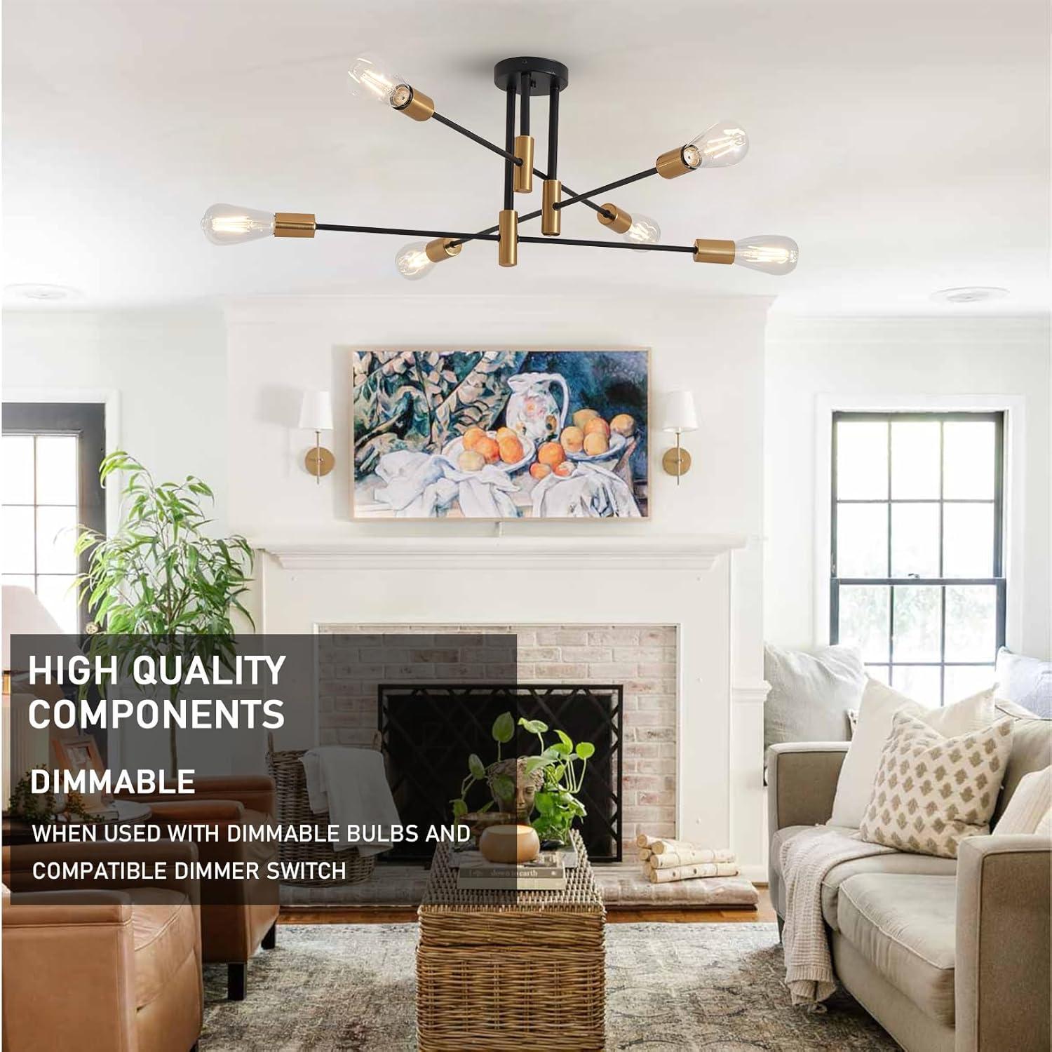 Sputnik Chandelier - 4-Light Semi Flush Mount Ceiling Light Fixture,Mid Century Modern Hanging Light Fixtures,Black and Gold Chandeliers for Dining Room Bedroom Living Room Kitchen Foyer