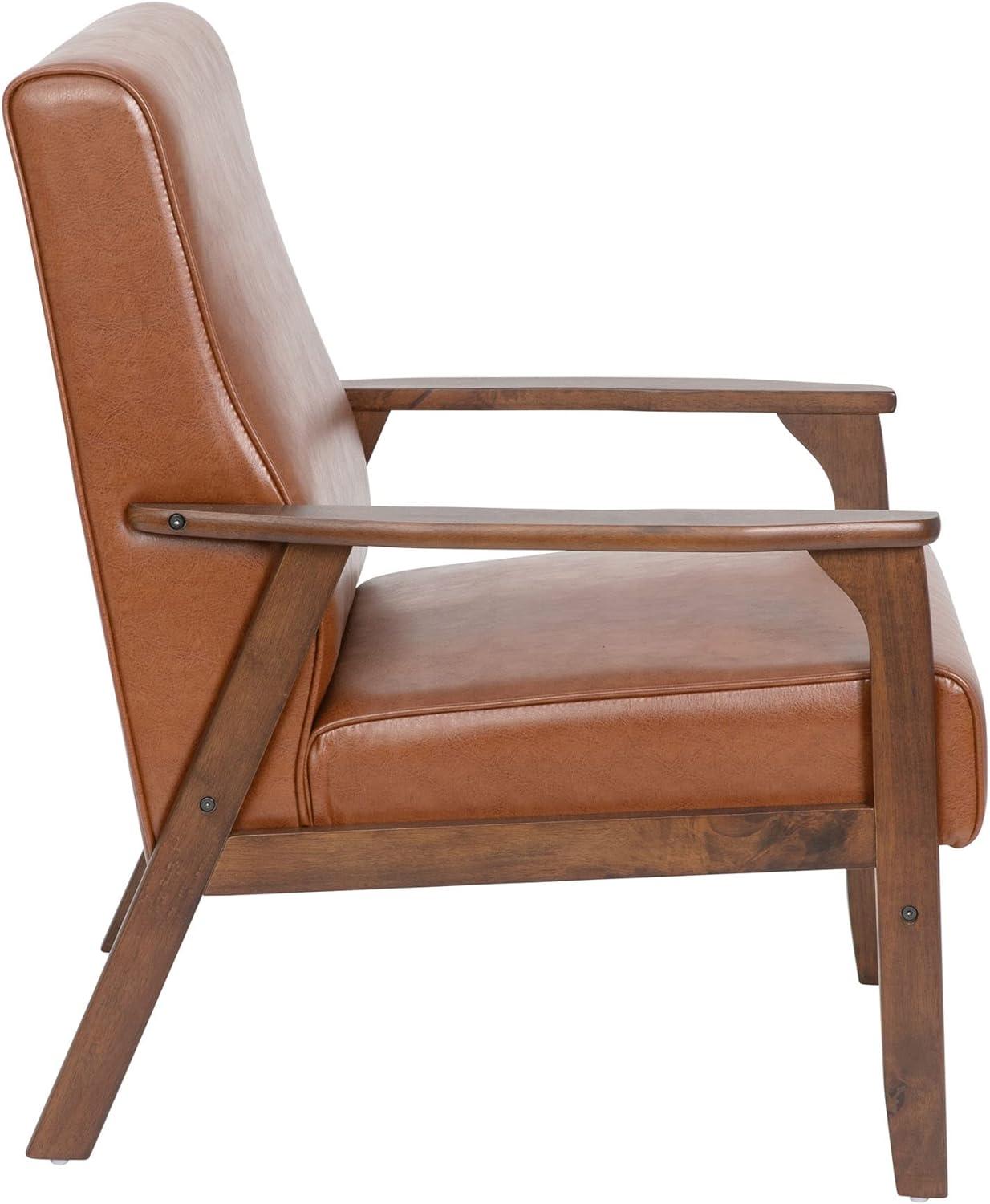 Cognac LeatherSoft Mid-Century Modern Accent Chair with Walnut Wooden Frame