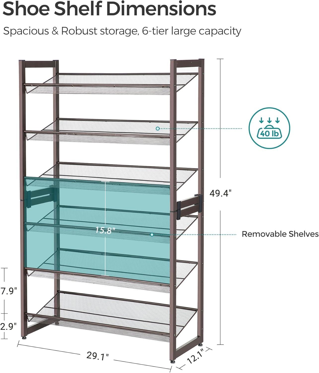 Bronze 6-Tier Stackable Metal Shoe Rack with Adjustable Shelves