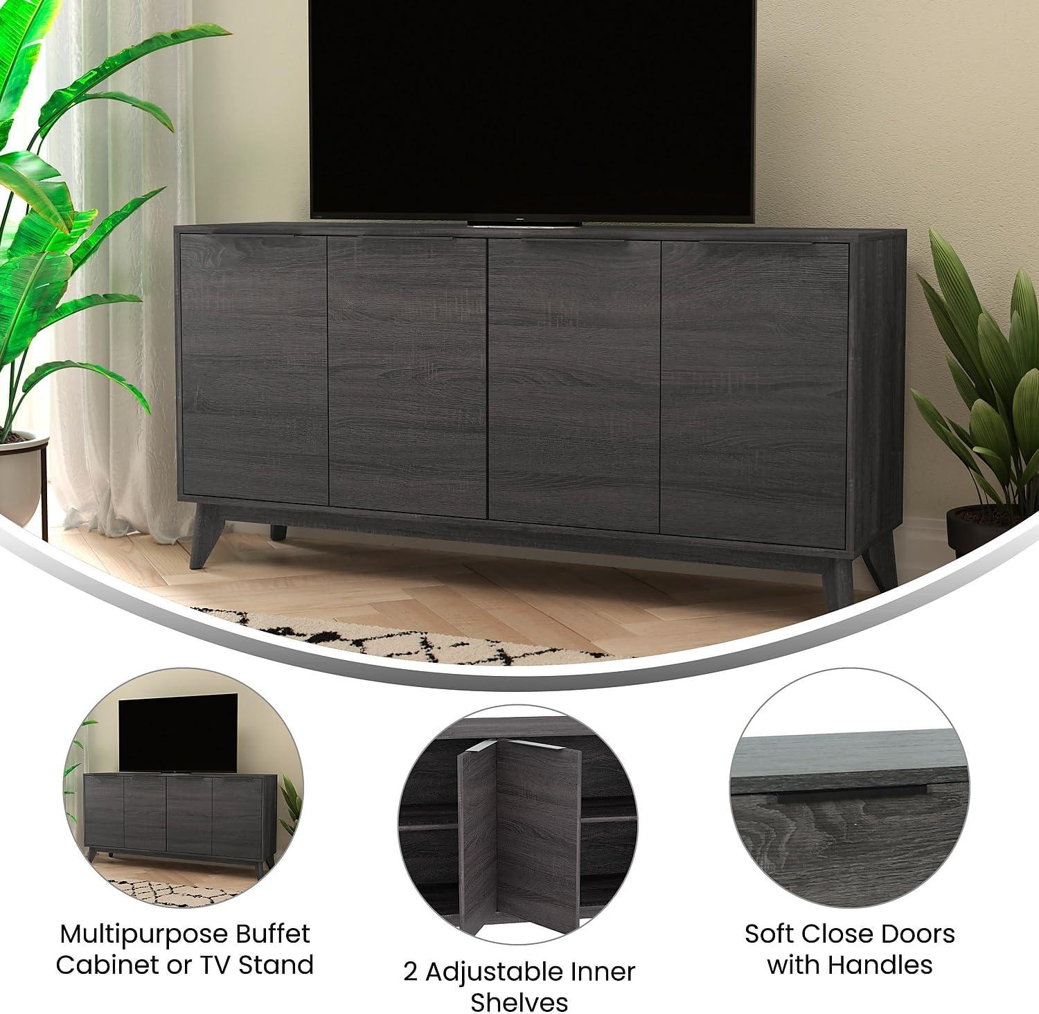 Flash Furniture 60" Buffet Cabinet with 4 Soft Close Doors and Adjustable Shelves - Black Wash