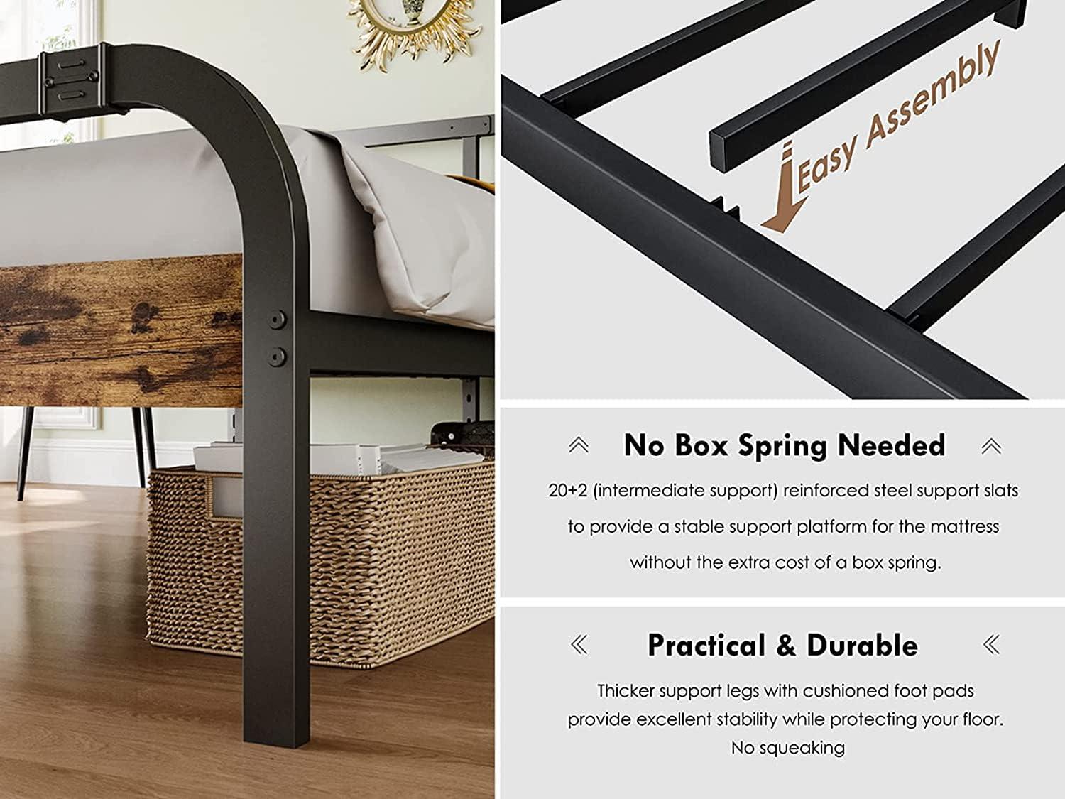 ZIYOO Industrial Style Metal Twin XL Bed Frame with Rustic Wood Headboard and Footboard, 14 Inch High Heay Duty Steel Slats Support No Box Spring Needed，Easy Assembly Structure