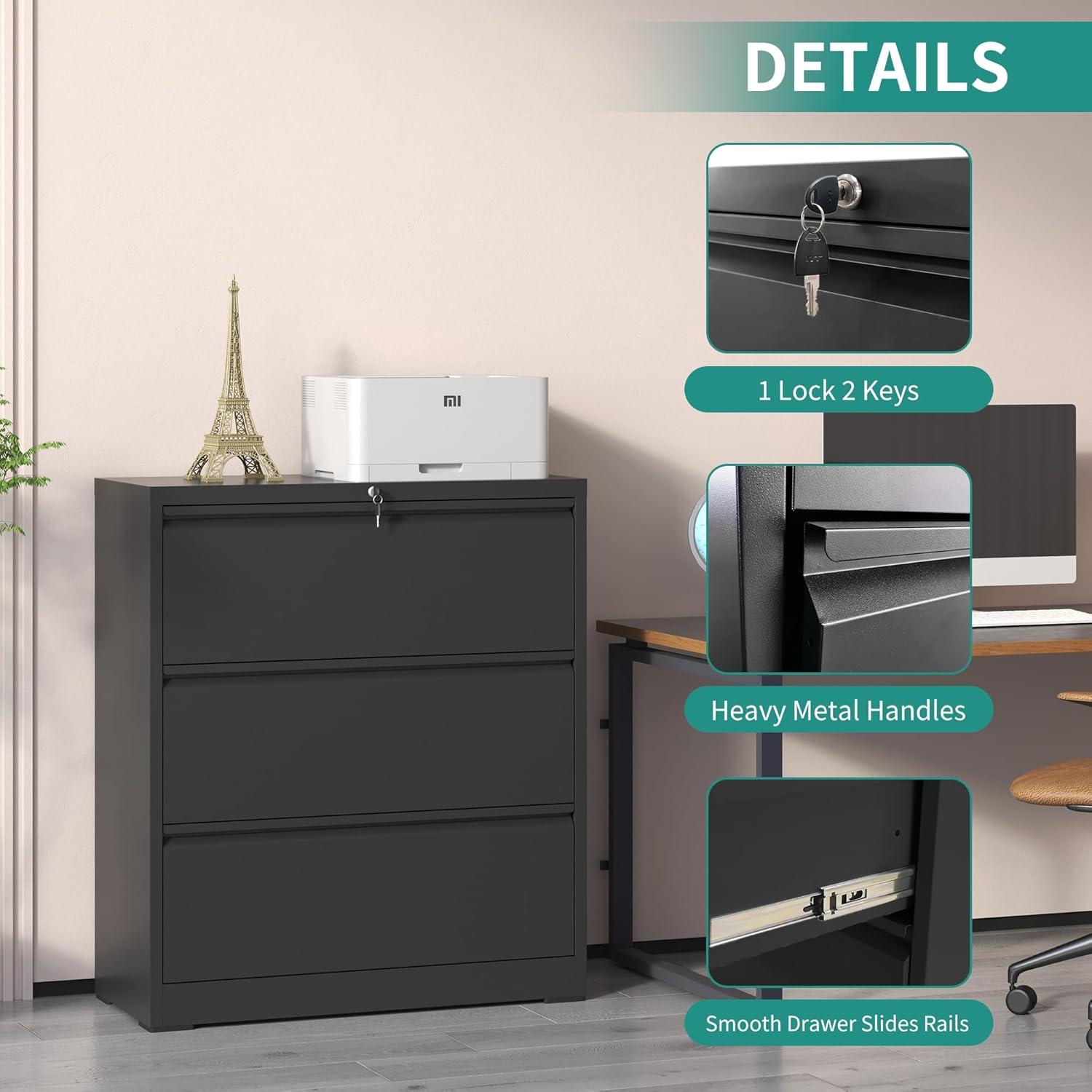 Black Steel 3-Drawer Lockable Lateral Filing Cabinet