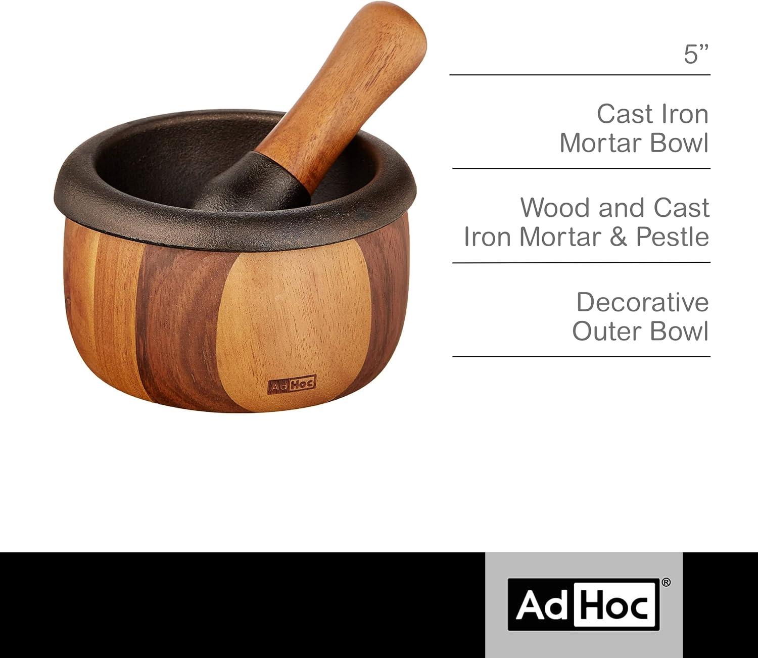 AdHoc Crush Cast Iron and Acacia Wood Mortar & Pestle, Brown & Black 5"