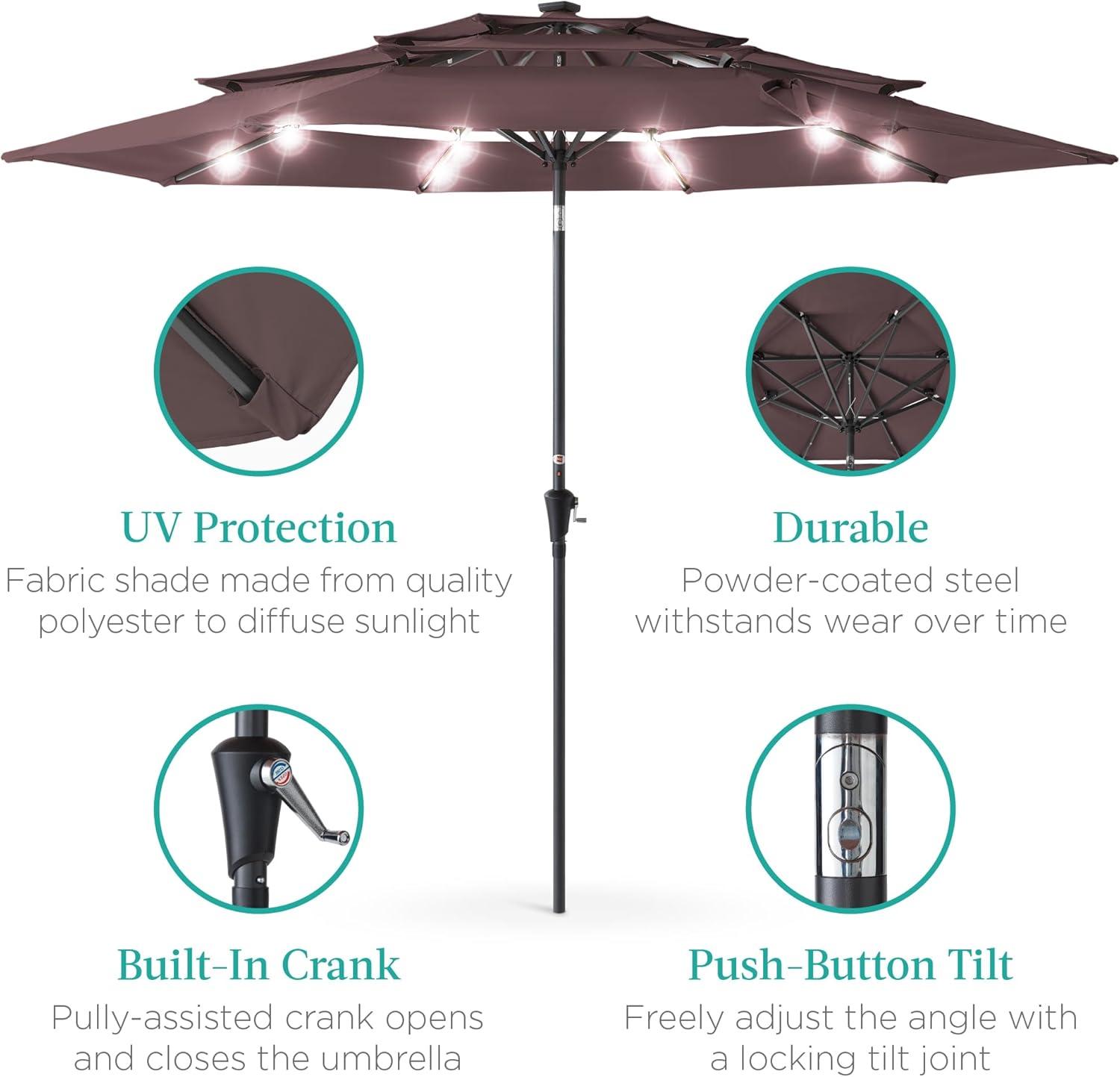 Best Choice Products 10ft 3-Tier Solar Patio Umbrella w/ 24 LED Lights, Tilt Adjustment, Easy Crank - Deep Taupe