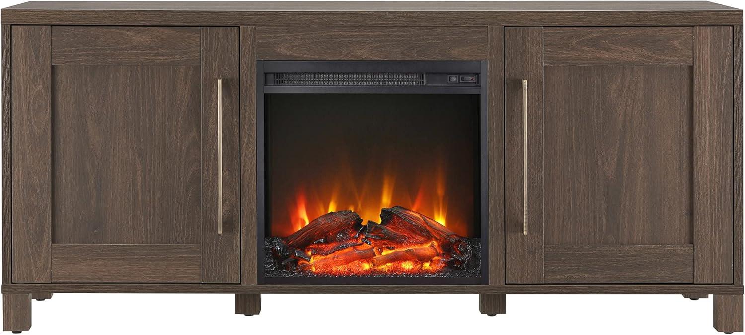 Alder Brown Transitional 58" TV Stand with Electric Fireplace and Cabinets