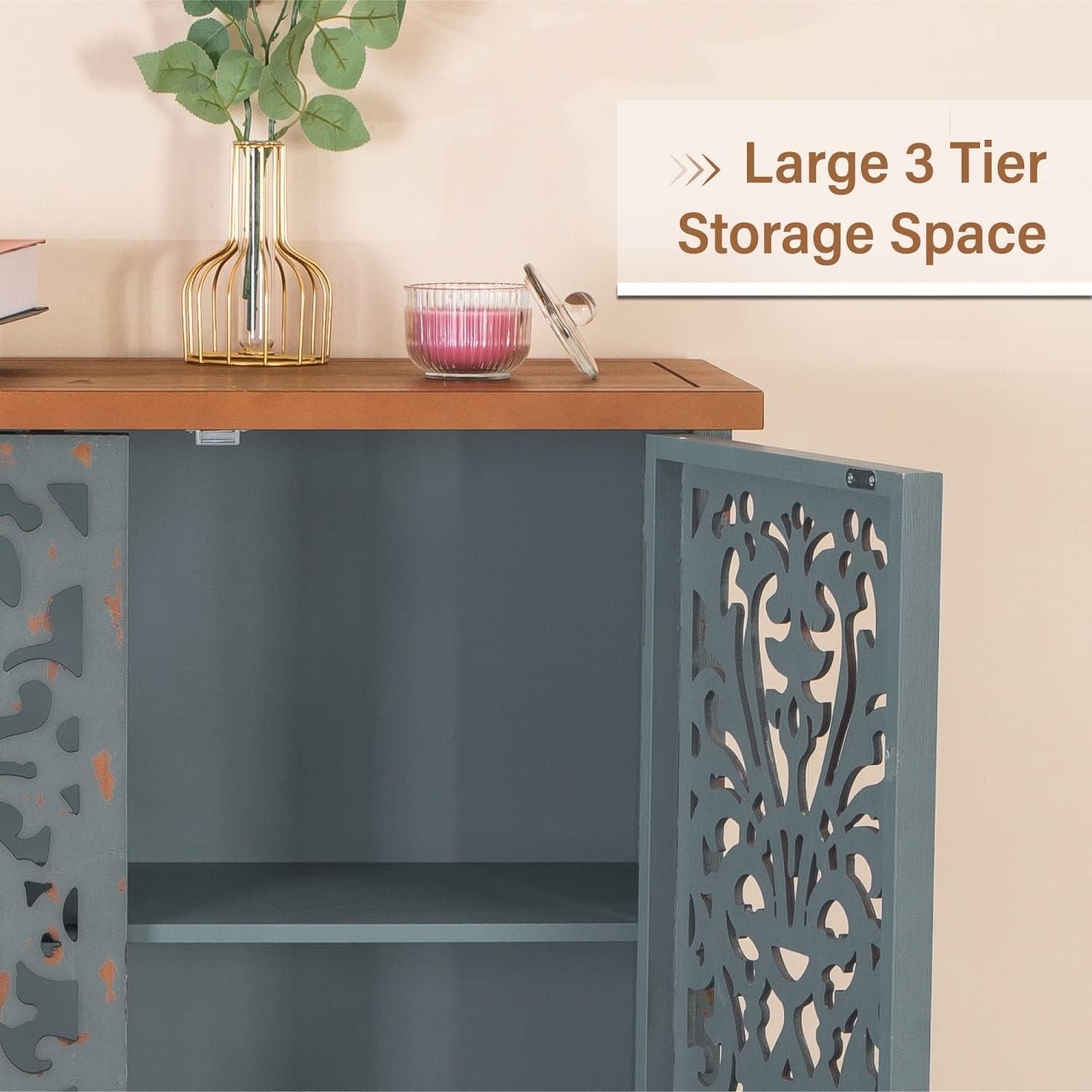 Blue Carved Wood 3-Door Freestanding Storage Cabinet