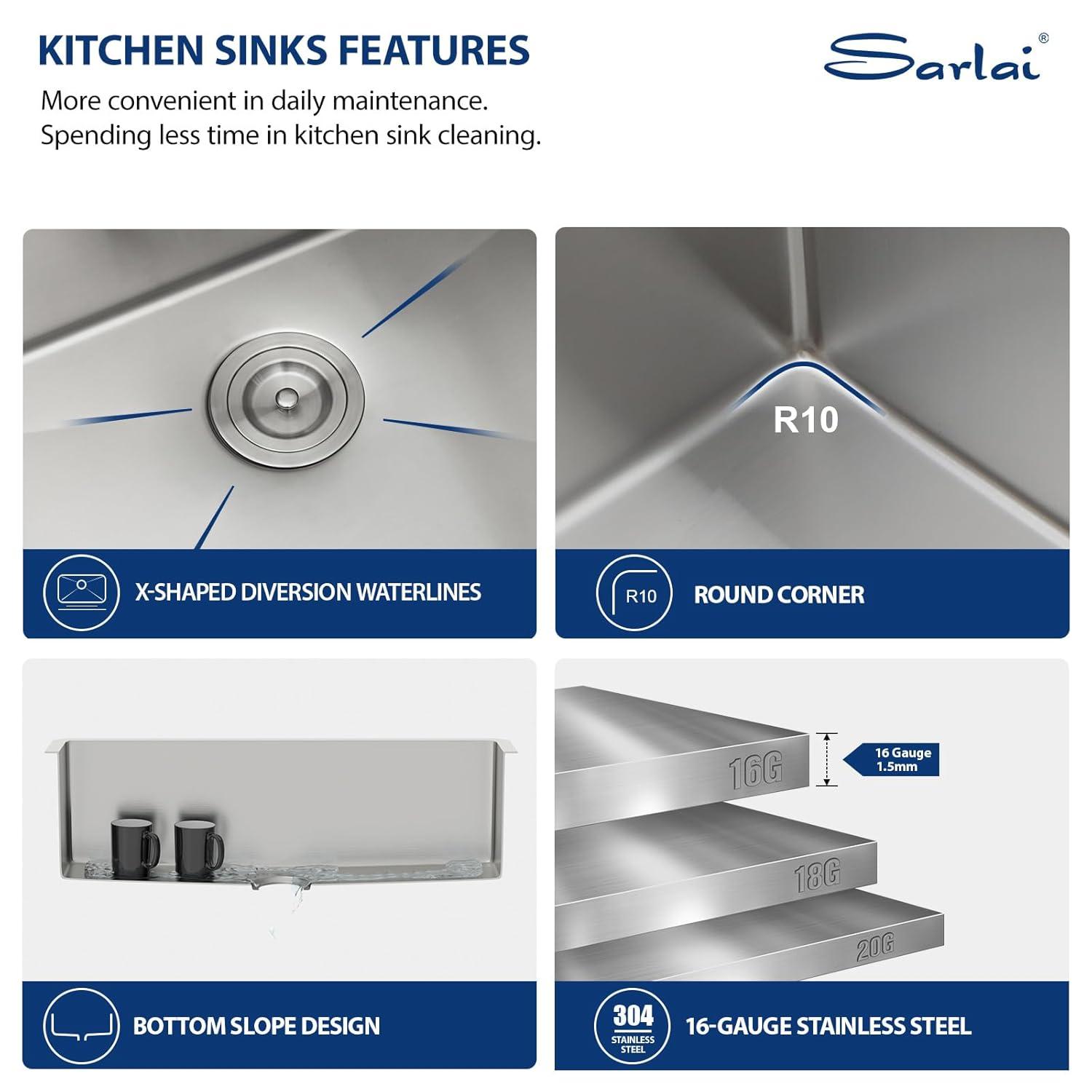 Sarlai 27 Undermount Kitchen Sink - 27 x 18 Kitchen Sink Undermount Single Bowl 16 Gauge Stainless Steel Under Counter Kitchen Sinks Round Corner Basin