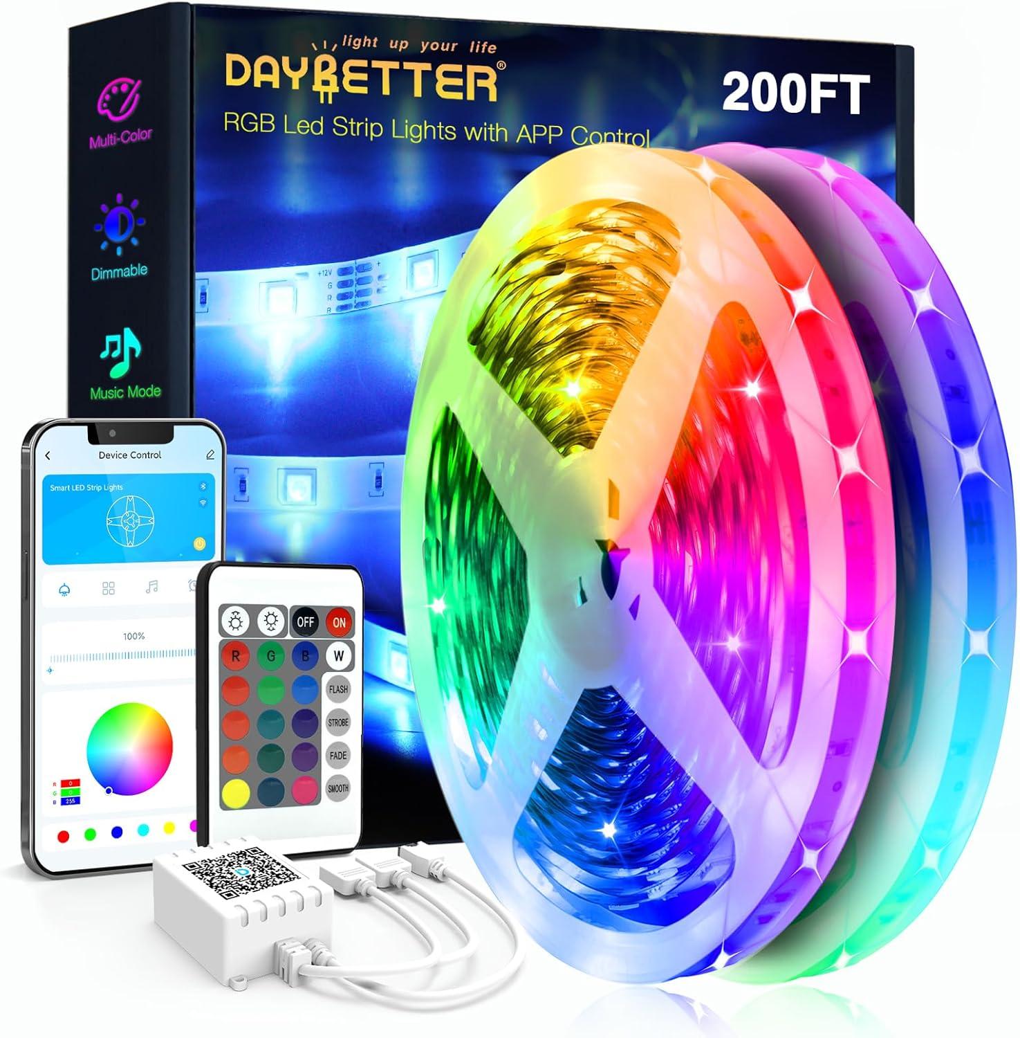 200ft Color-Changing RGB LED Strip Lights with Remote and App Control