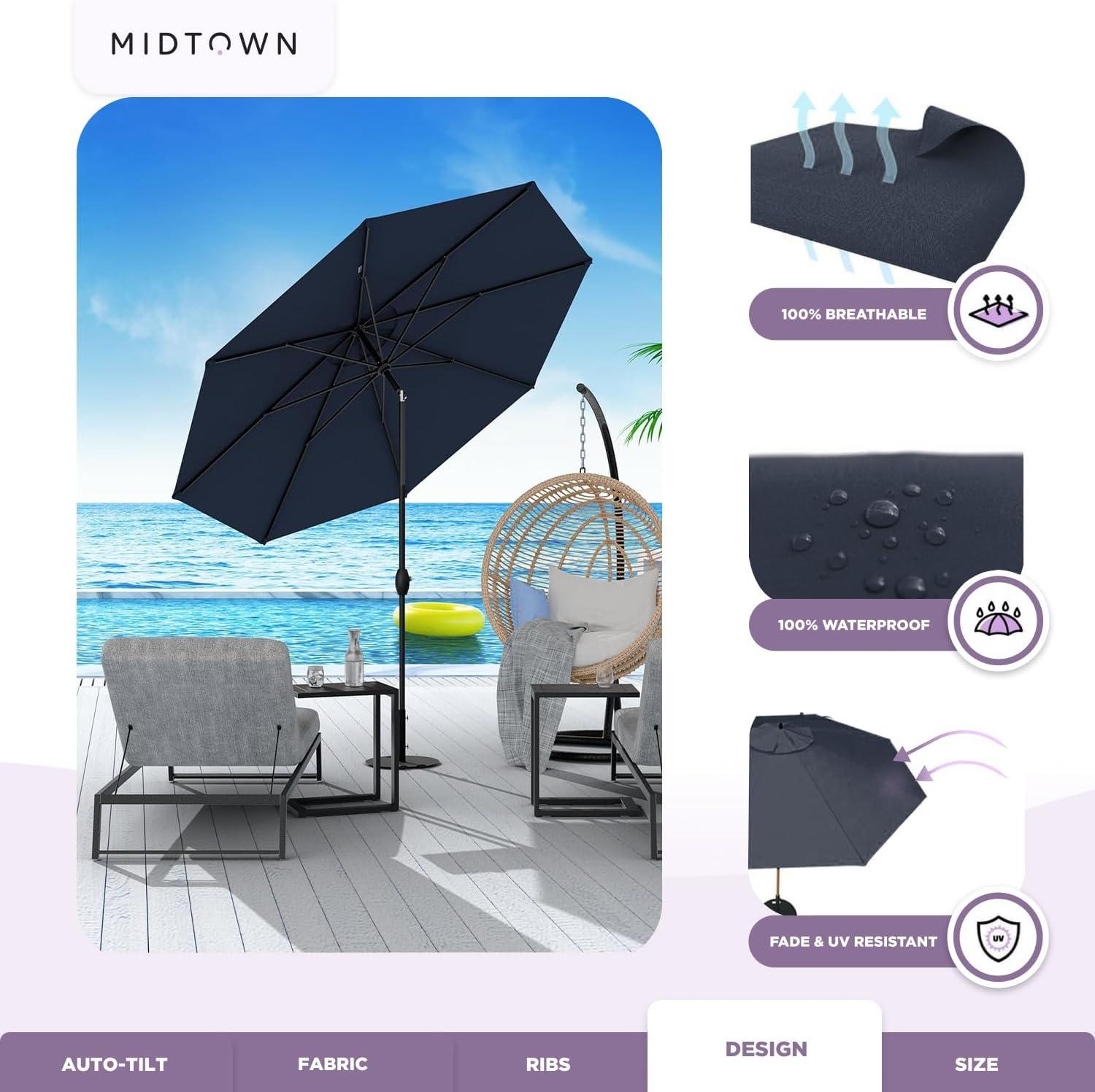 Midtown Umbrellas Sunbrella Umbrella 8 Feet Outdoor Umbrella With Sunbrella Canvas Navy Acrylic Fabric - Auto-Tilt Aluminum Frame Patio Umbrella For Backyard, Deck, Garden, Pool - Black Pole