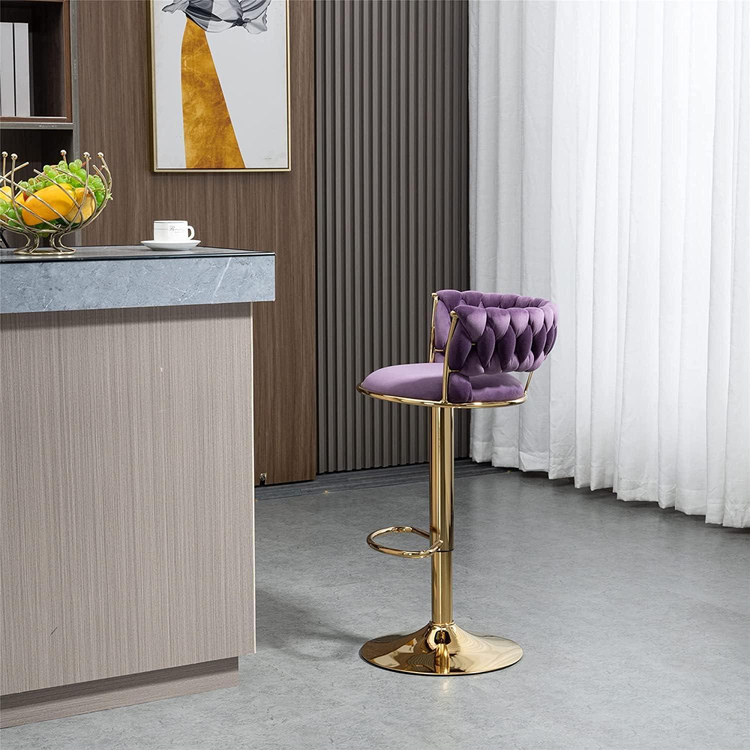 Kakotito 360° Velvet Swivel Bar Stools with Low Back & Footrest, Adjustable Counter Barstools, Silver Bar Stool (Set of 2 - Silver Version, Pink)