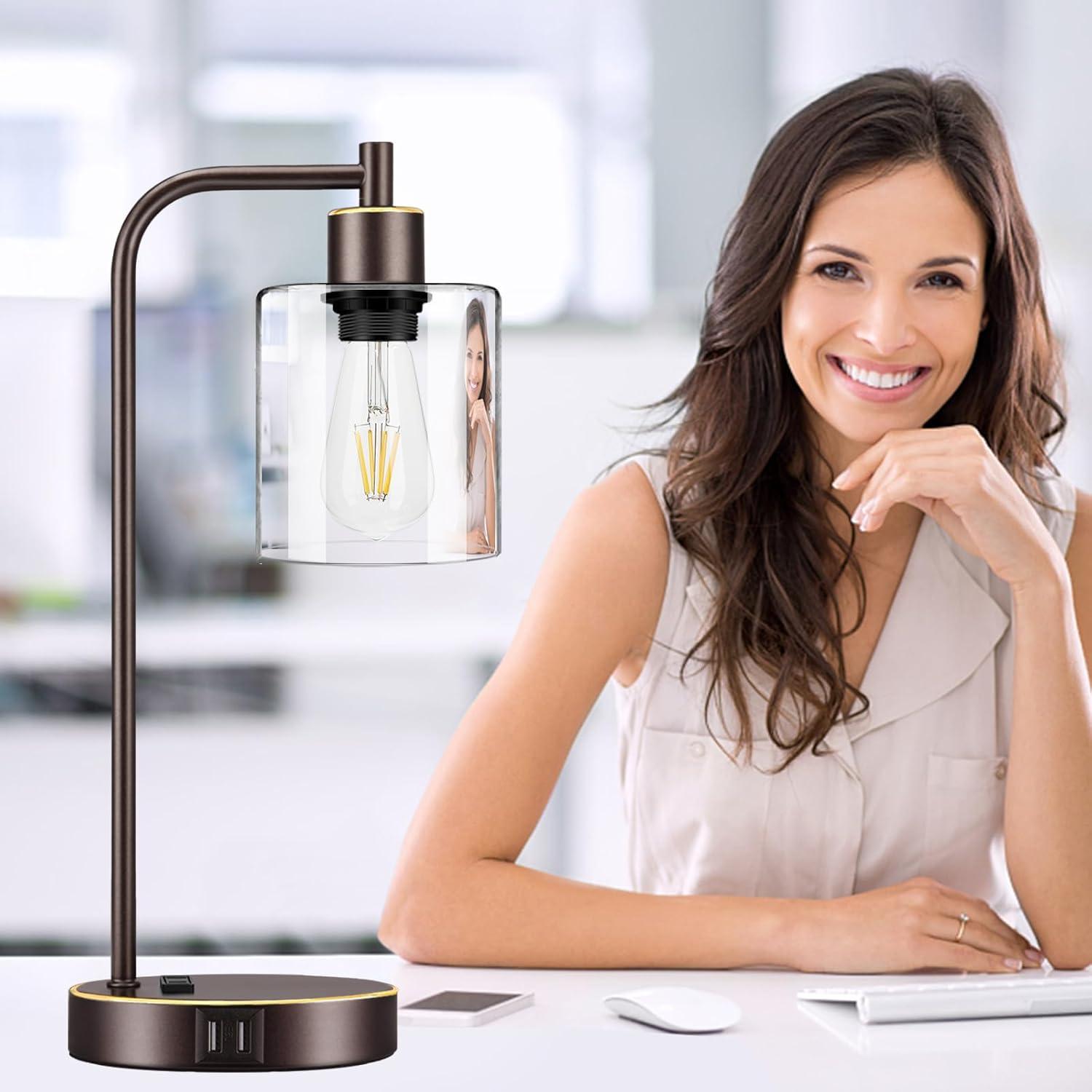 Industrial Nightstand Lamps for Bedrooms Set of 2 - Fully Dimmable Bedside Lamps with USB A C Ports and Outlet, Black Table Lamps with Clear Glass Shade for Living Room, Desk Lamps for Office Reading