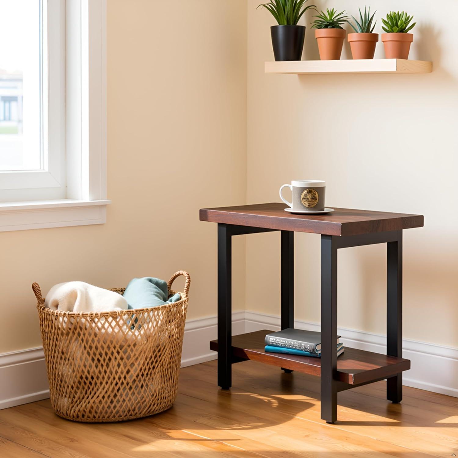 Pomona Solid Wood and Metal End Table with Shelf - Alaterre Furniture: Rustic Design, Fixed Shelf, Rectangle Shape