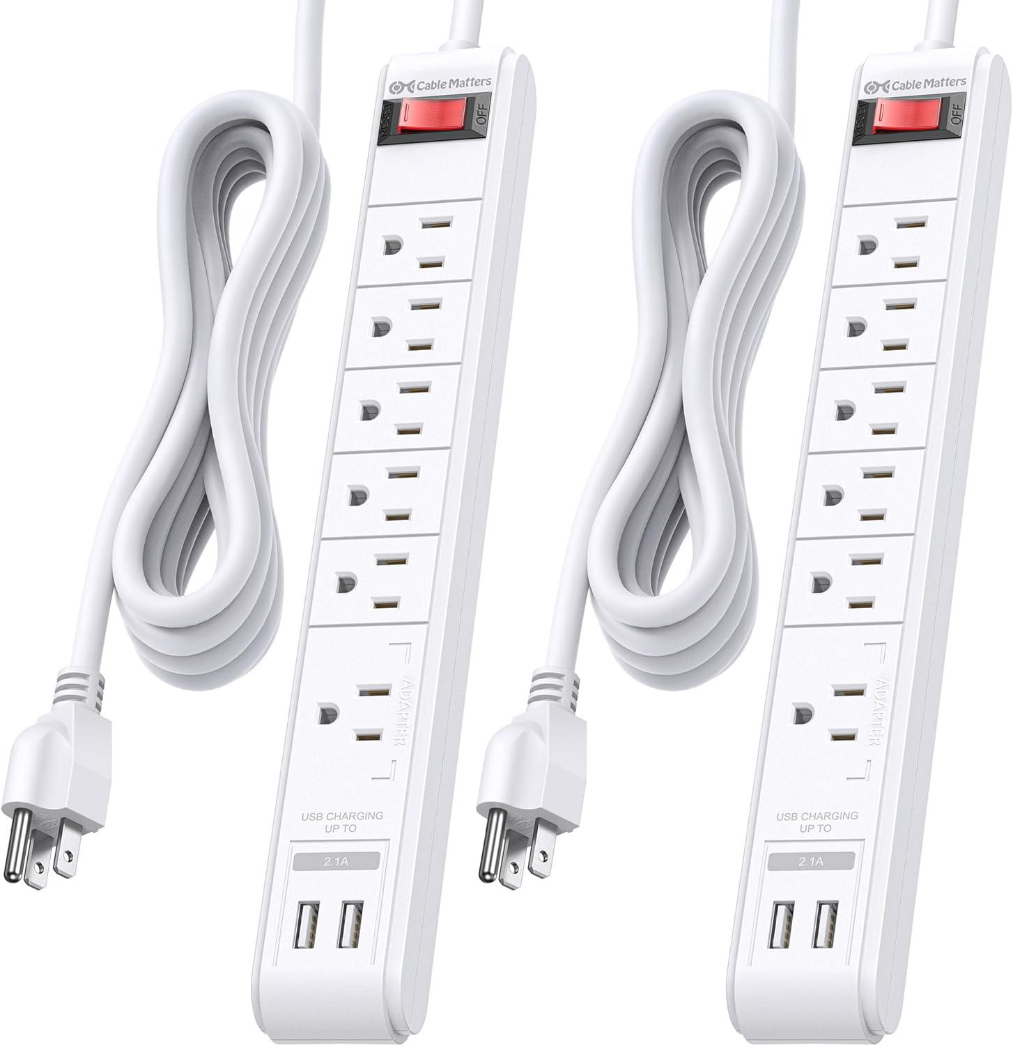 White 6-Outlet Surge Protector Power Strip with USB Ports, 8 ft Cord