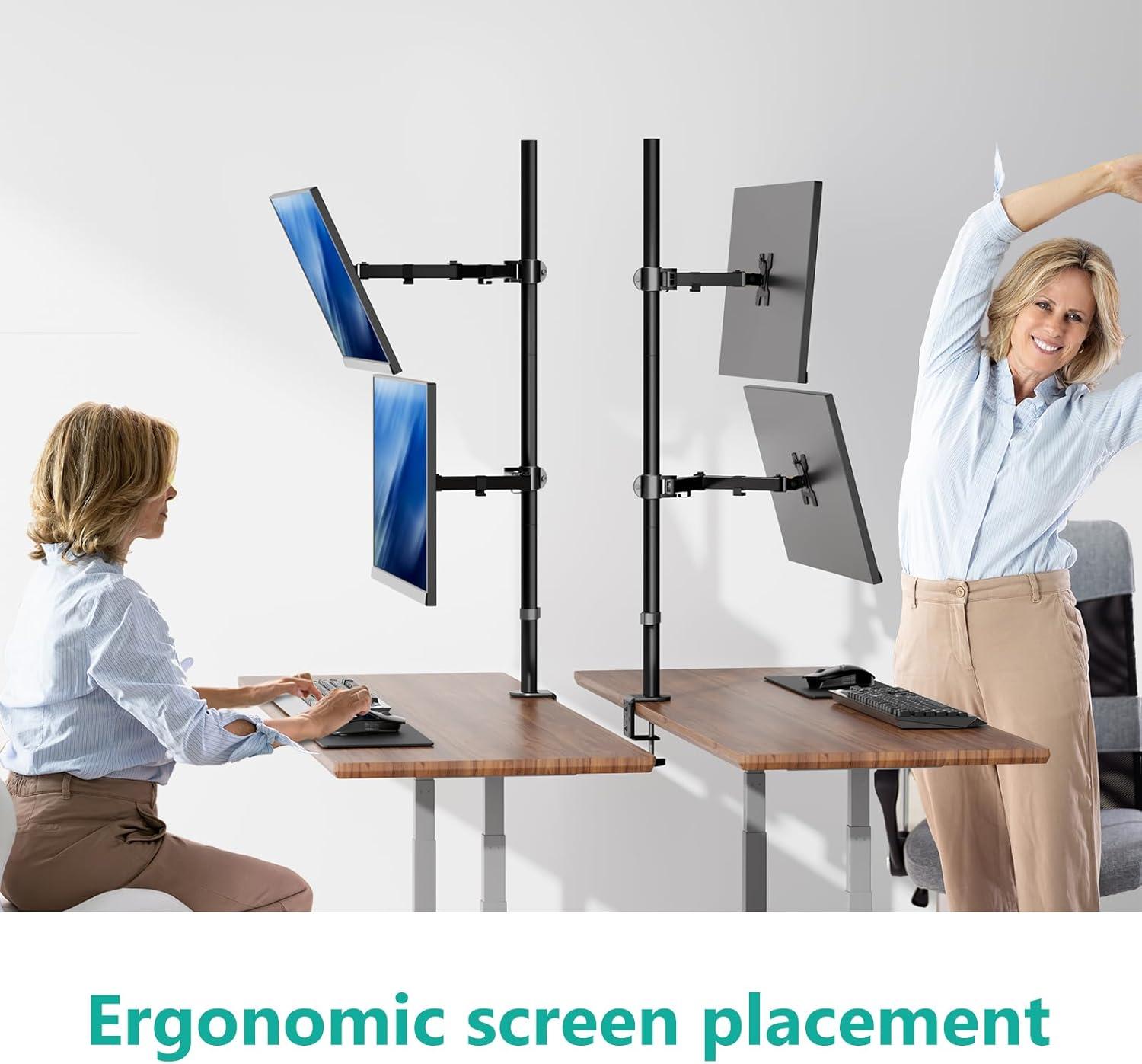 Black Dual Vertical Monitor Desk Mount with Adjustable Arms