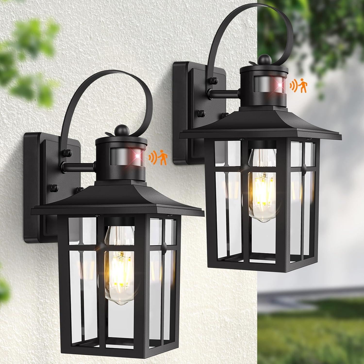 Matte Black Motion Sensor Outdoor Lantern Wall Lights, 2 Pack