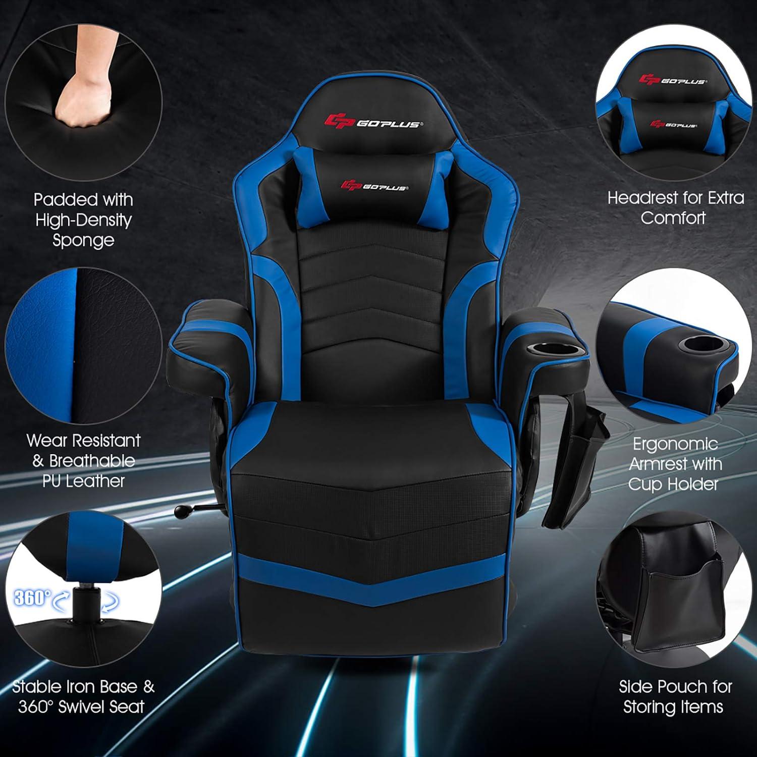 Costway Massage Gaming Recliner Reclining Racing Chair Swivel Blue