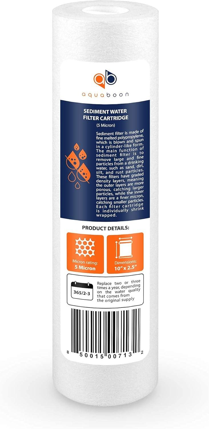 Aquaboon 50-Pack of 5 Micron 10" Sediment Water Filter Replacement Cartridge for Any Standard RO Unit | Whole House Sediment Filtration | Compatible with DuPont WFPFC5002, Pentek DGD series, RFC