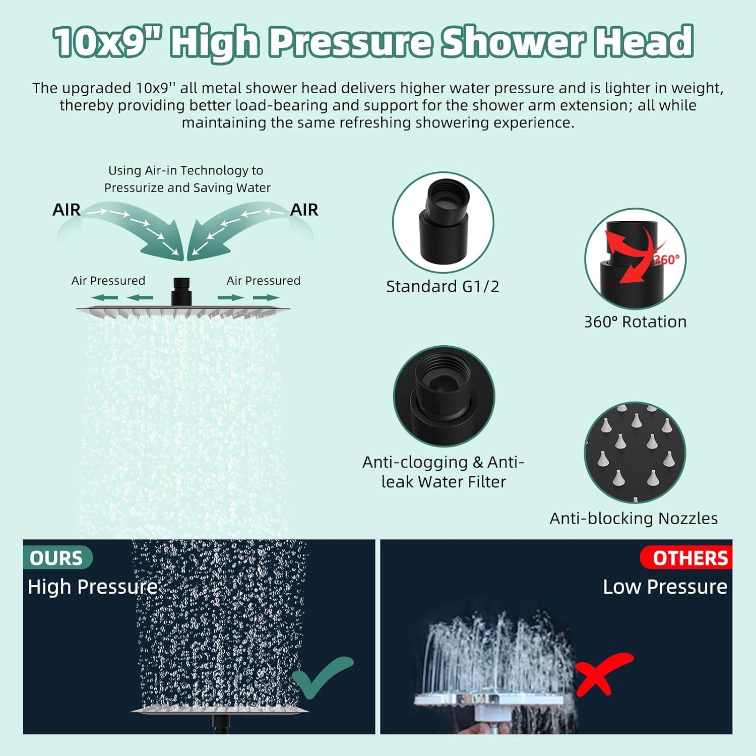 10'' High Pressure Rainfall Shower Head/Handheld Showerhead Combo with 12'' Adjustable Curved