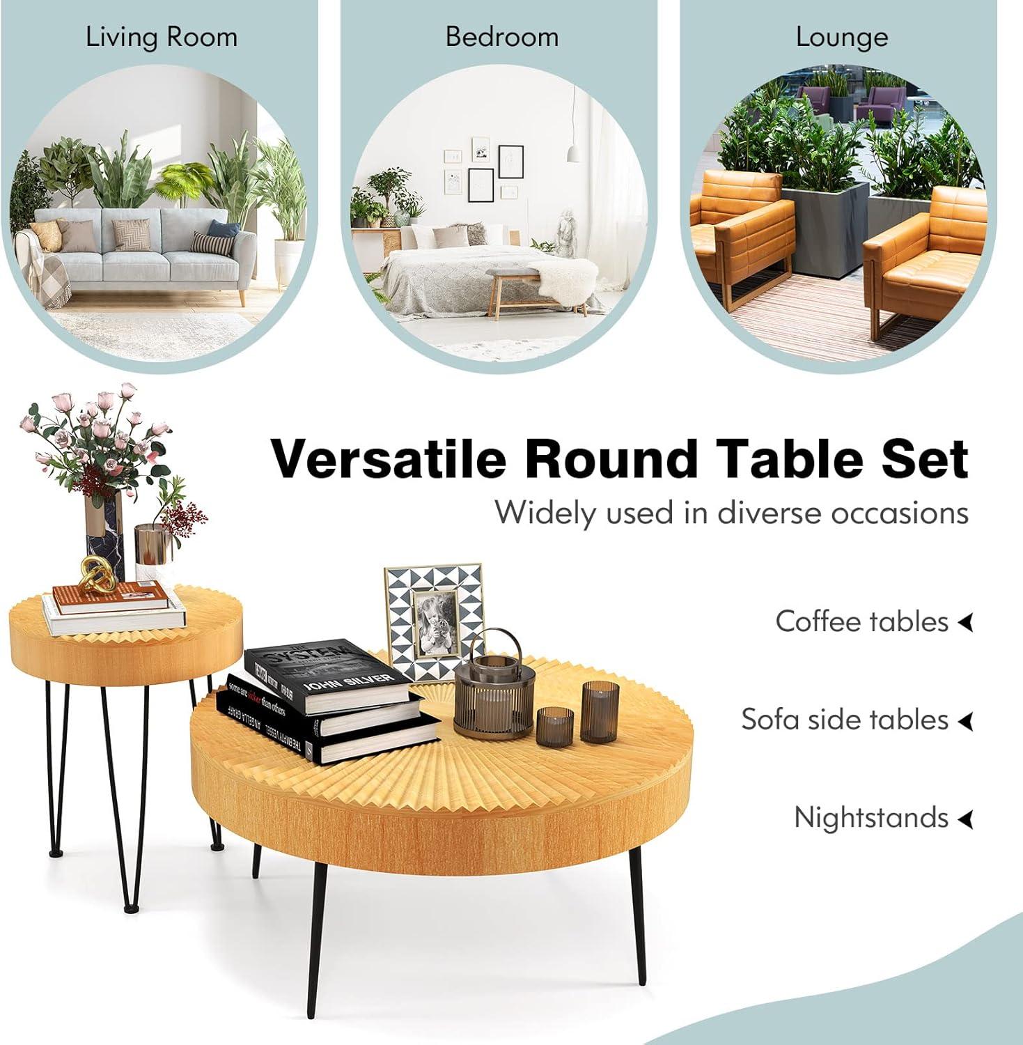 Round Natural Wood Farmhouse Nesting Coffee Table Set