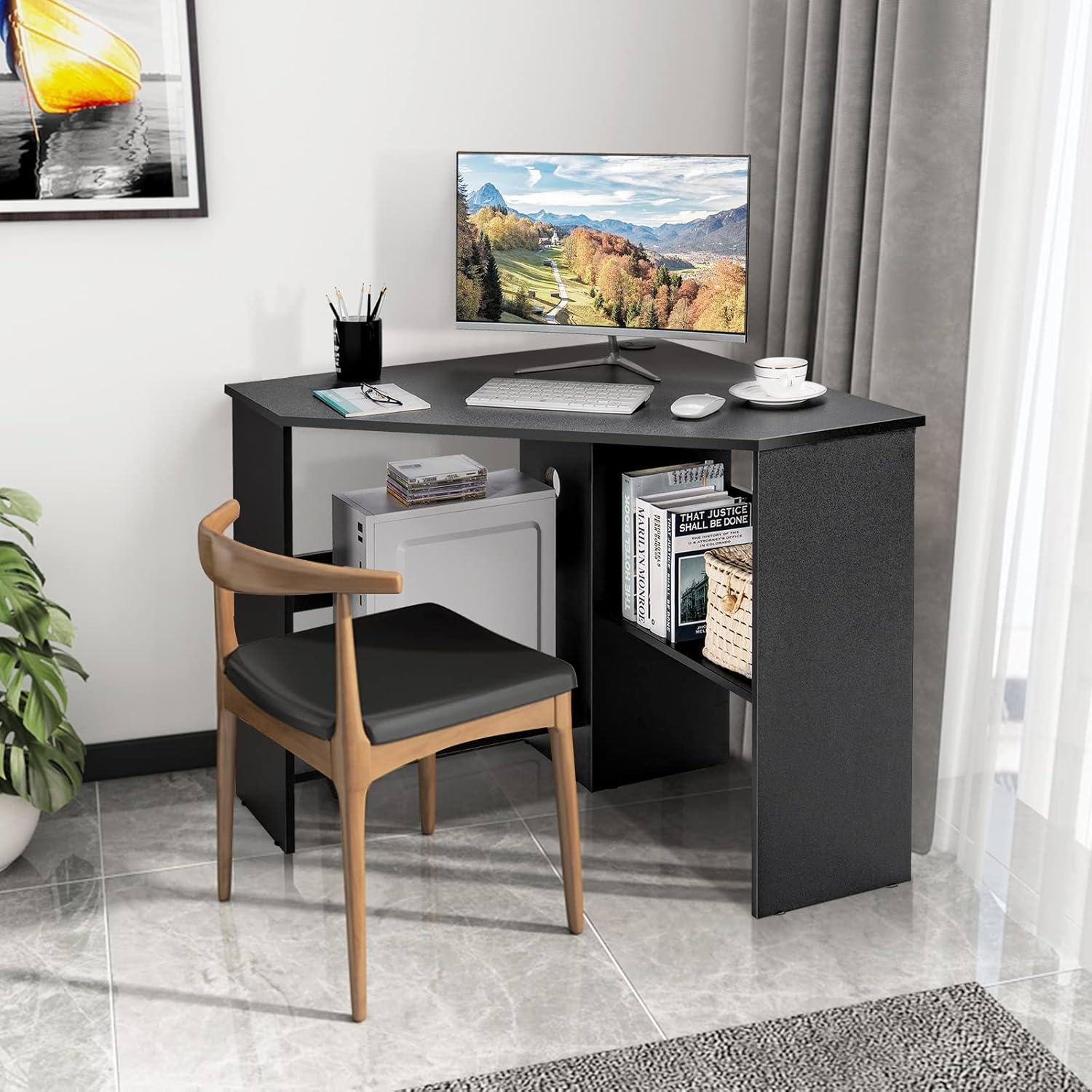 Costway Corner Computer Desk Triangle Writing Workstation w/ Storage Shelf Black