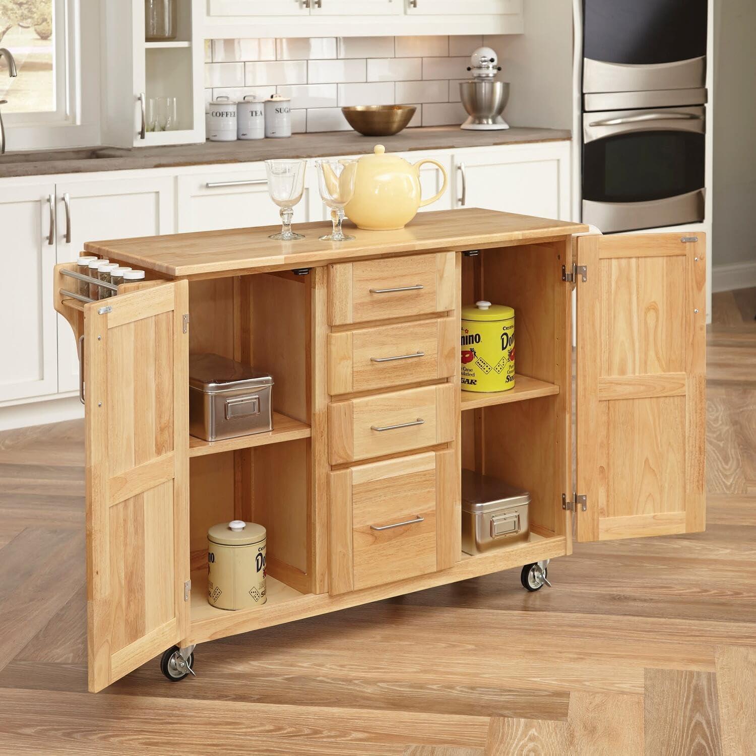 Natural Oak Drop-Leaf Rectangular Kitchen Cart with Spice Rack and Storage