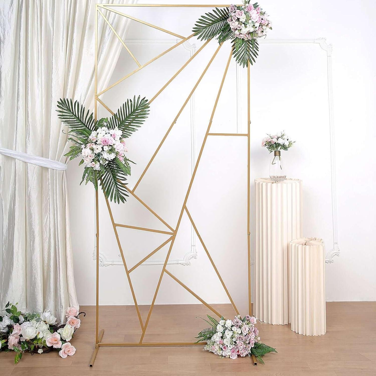 Efavormart 7ft Tall Gold Metal Geometric Wedding Backdrop Rectangle Floor Stand, Flower Stand Doorway Wall Prop With Cloudy Film Insert for Weddings, Showers, Party, Centerpiece Decorations