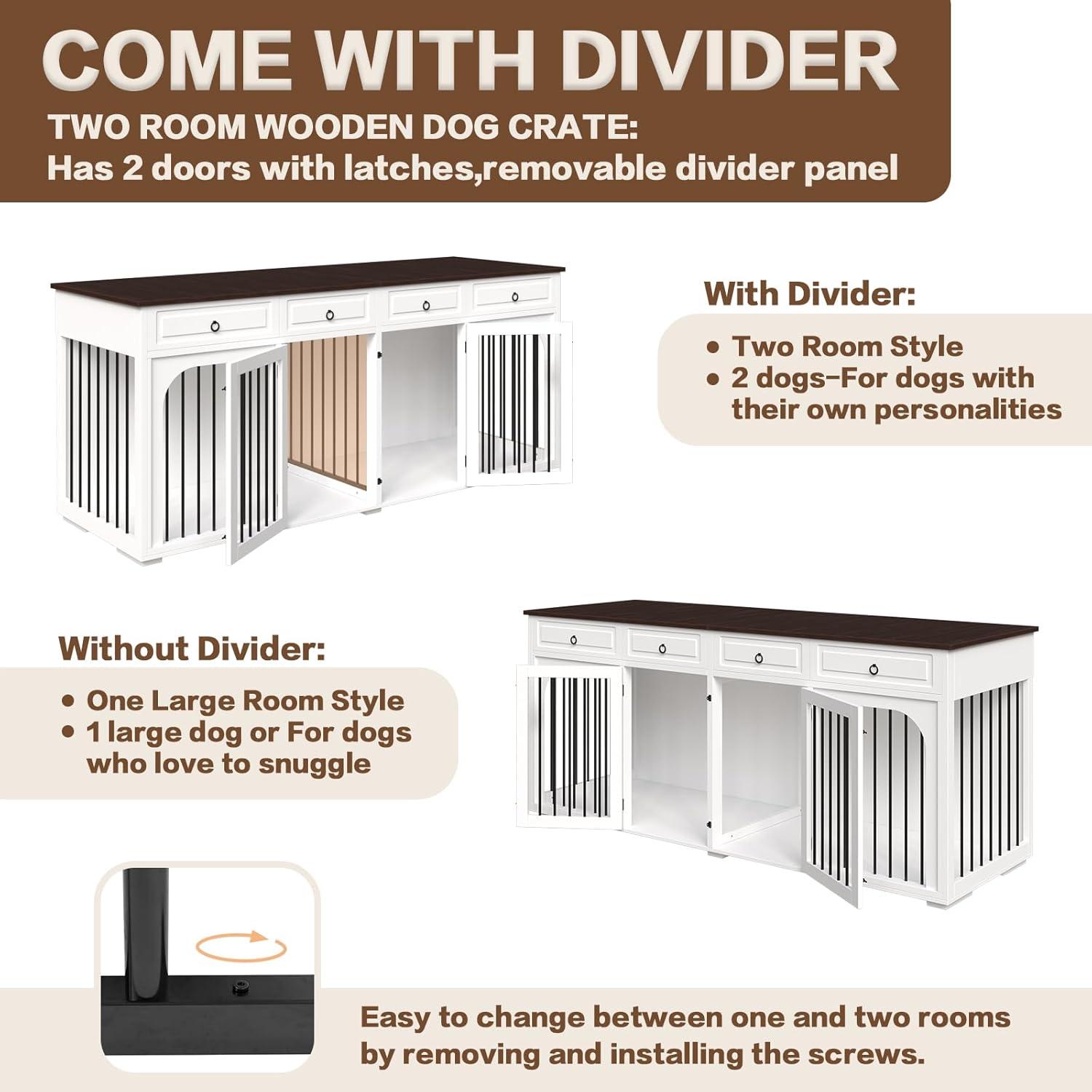 Tucker Murphy Pet™ 74.8" XXL Double Dog Kennel Furniture For Large Breed,Heavy Duty Wooden Dog Crate Cage Furniture Style With Storage Rack And Divider For 2 Dogs Indoor,White & Reviews | Wayfair