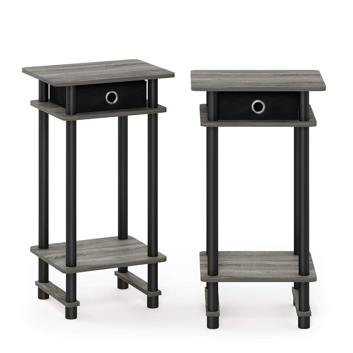 Furinno 2-17017 Turn-N-Tube Tall End Table with Bin, French Oak Grey/Black/Black, Set of 2