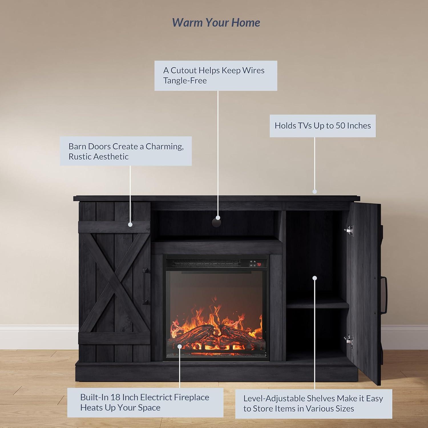 BELLEZE 47" TV Stand with 18" Electric Fireplace, Barn Door TV Stand for TVs up to 50", Modern Farmhouse Media Console with Storage Shelf and Cabinets - Veropeso (Rustic Grey)