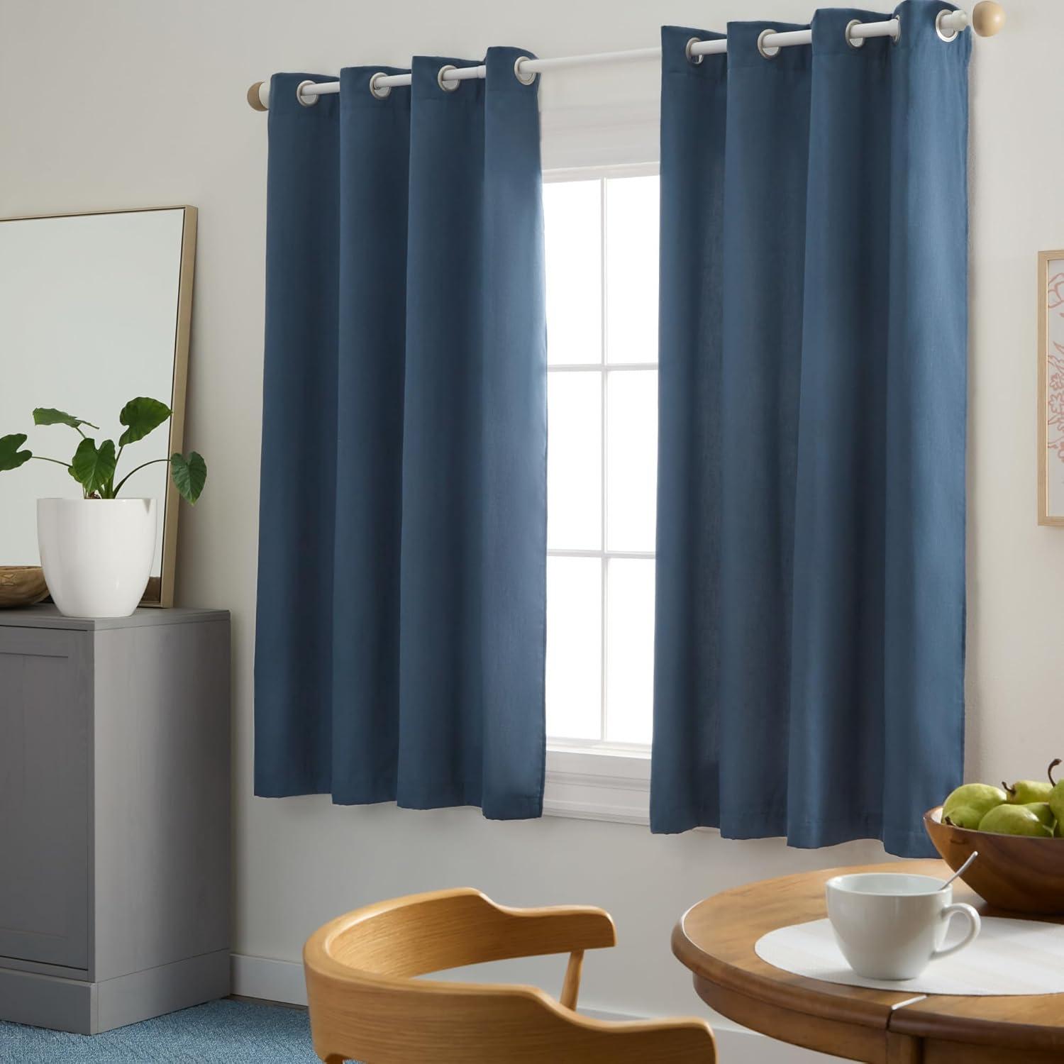 Navy Blue Linen Texture Room Darkening Grommet Curtains, 63"