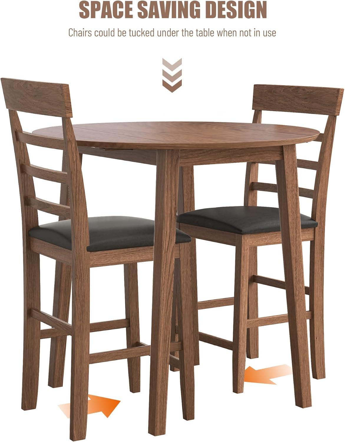 Walnut Rubber Wood Drop-Leaf Dining Table Set with Upholstered Chairs