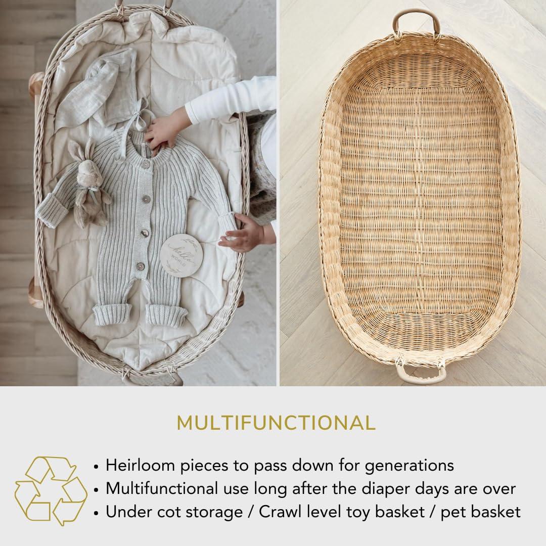 Premium Baby Changing Basket - Artisan-Crafted Rattan with Extra High Sides - Wicker Changing Basket for Baby Dresser - All Accessories Included - Complete Set for Nursery (Rattan)