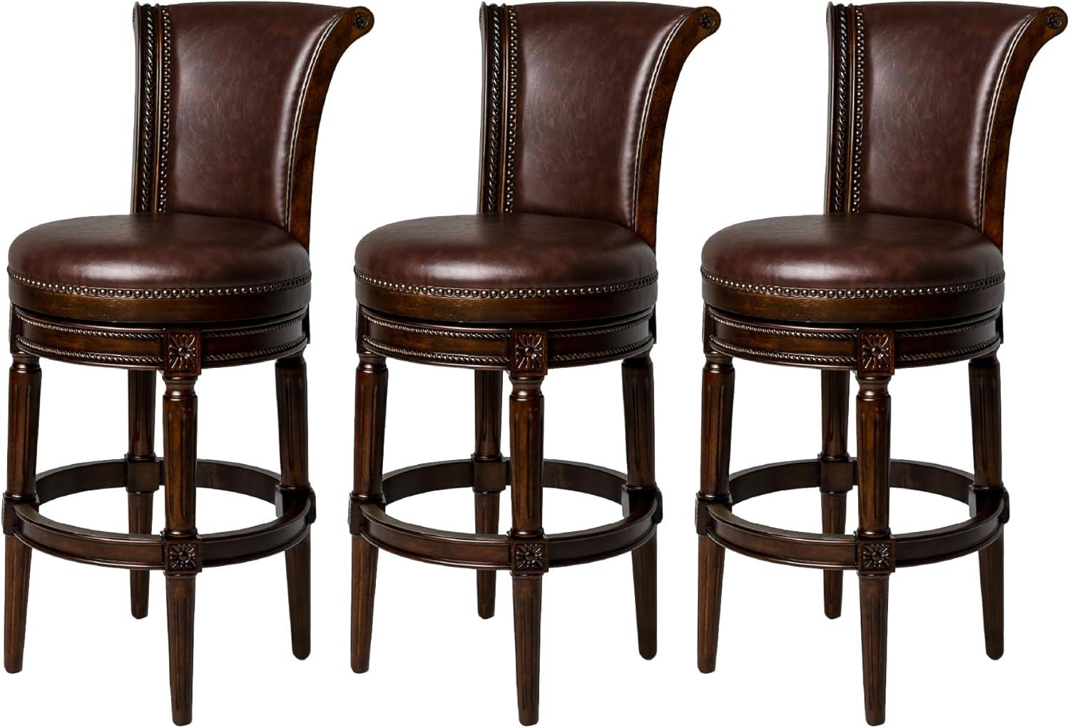Maven Lane Pullman 31 Inch Tall Bar Height Upholstered Barstool with Back in Reclaimed Oak Finish with Ash Grey Fabric Cushion Seat, Set of 3