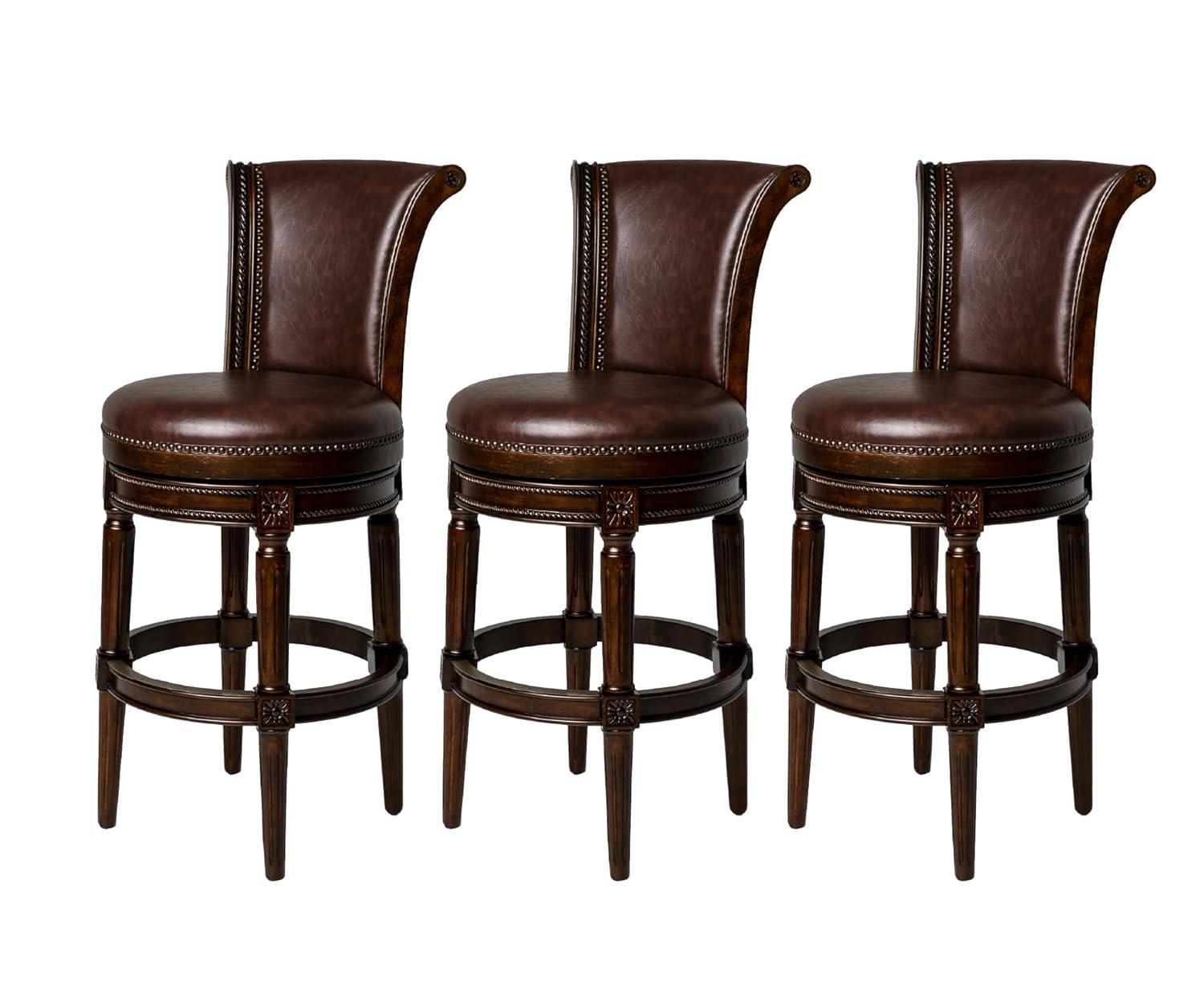 Maven Lane Pullman 31 Inch Tall Bar Height Upholstered Barstool with Back in Reclaimed Oak Finish with Ash Grey Fabric Cushion Seat, Set of 3