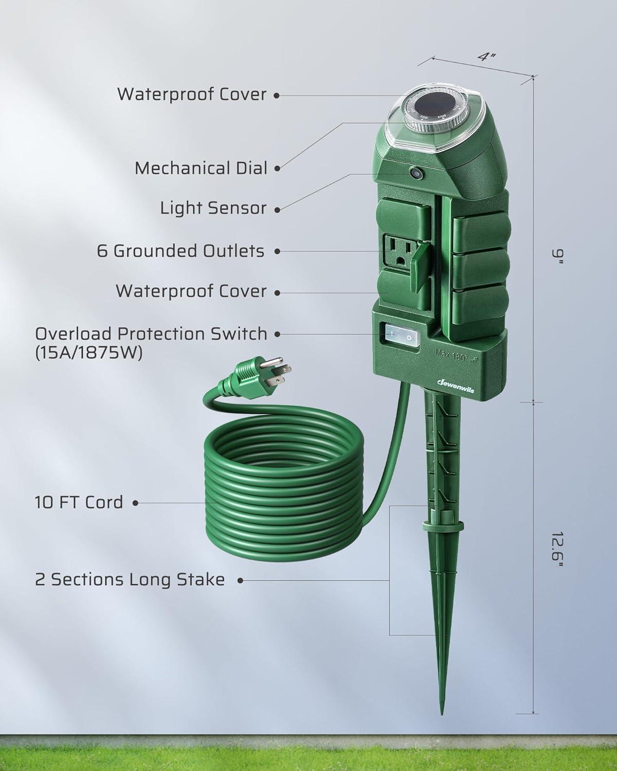 DEWENWILS Outdoor Power Stake Timers with Photocell, 6 Grounded Outlets, 10FT Extension Cord, Dusk to Dawn for Christmas Lights, Outdoor Decoration, 1875W/15A, UL Listed