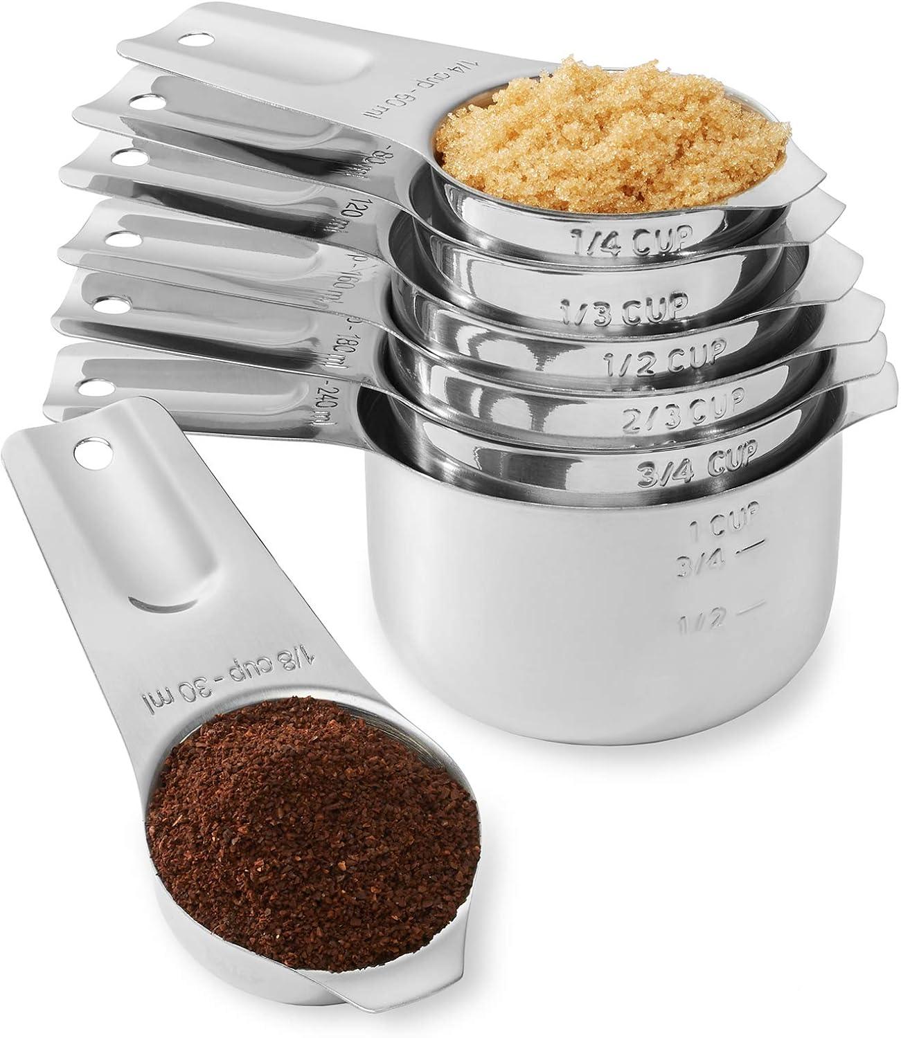 Last Confection 7-Piece Stainless Steel Measuring Cup Set - Includes 1/8 Cup Coffee Scoop - Measurements for Spices, Cooking & Baking Ingredients