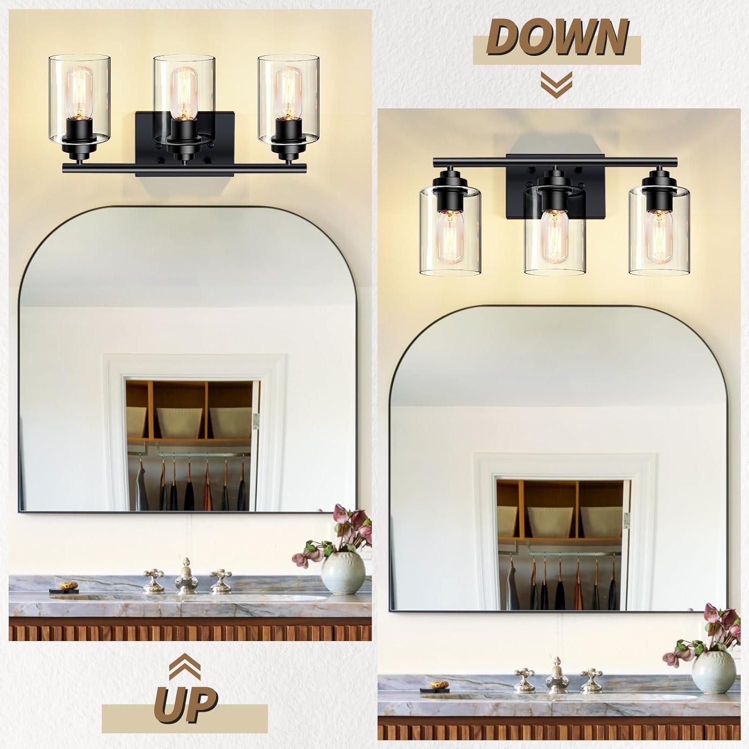 3-Light Bathroom Light Fixtures Bathroom Vanity Lights with Clear Glass Shades Matte Black Bathroom Light Fixtures over mirror for Mirror Living Room Cabinet Bedroom Porch