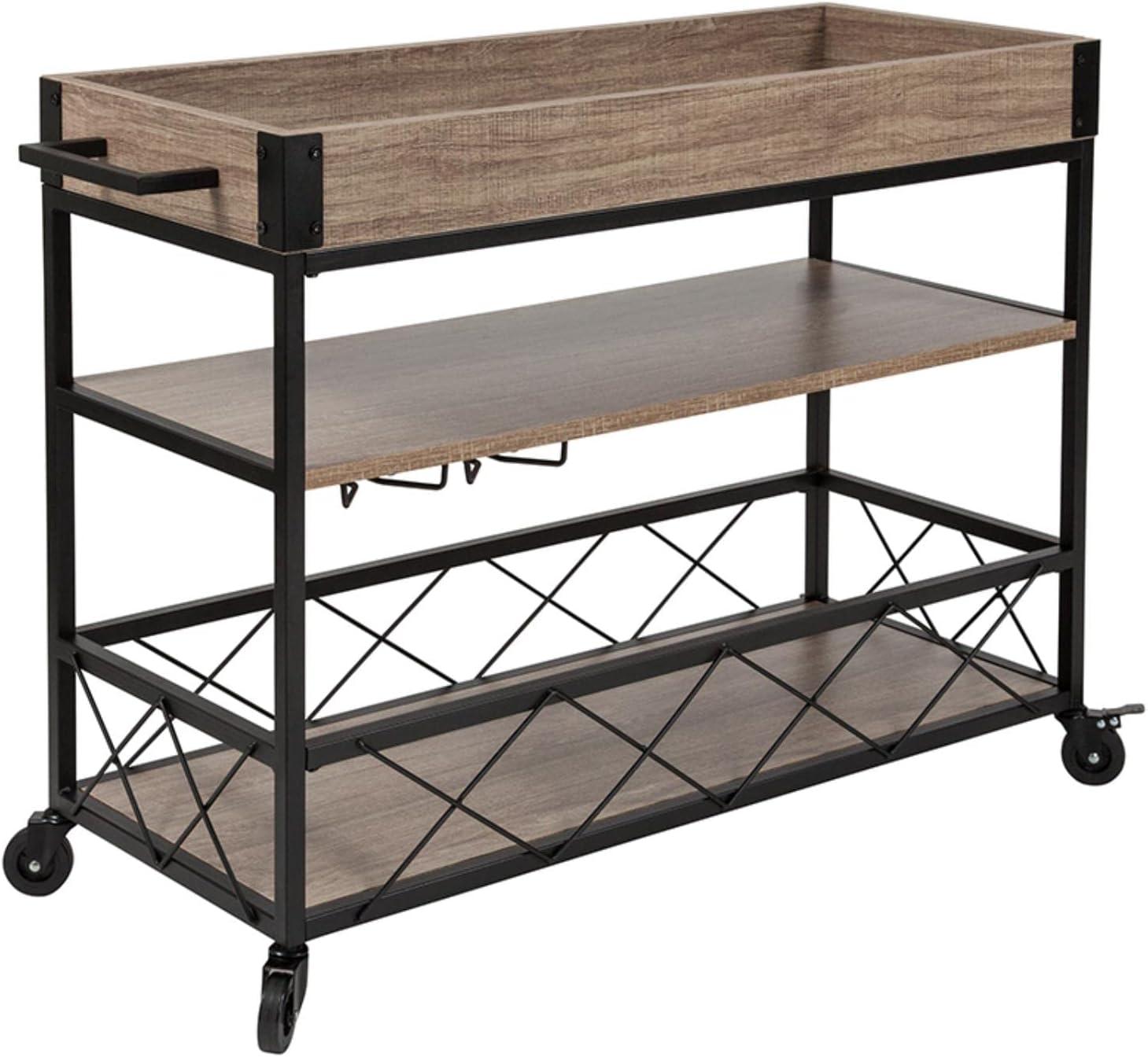 Buckhead Light Oak and Iron Rectangular Bar Cart with Wine Storage