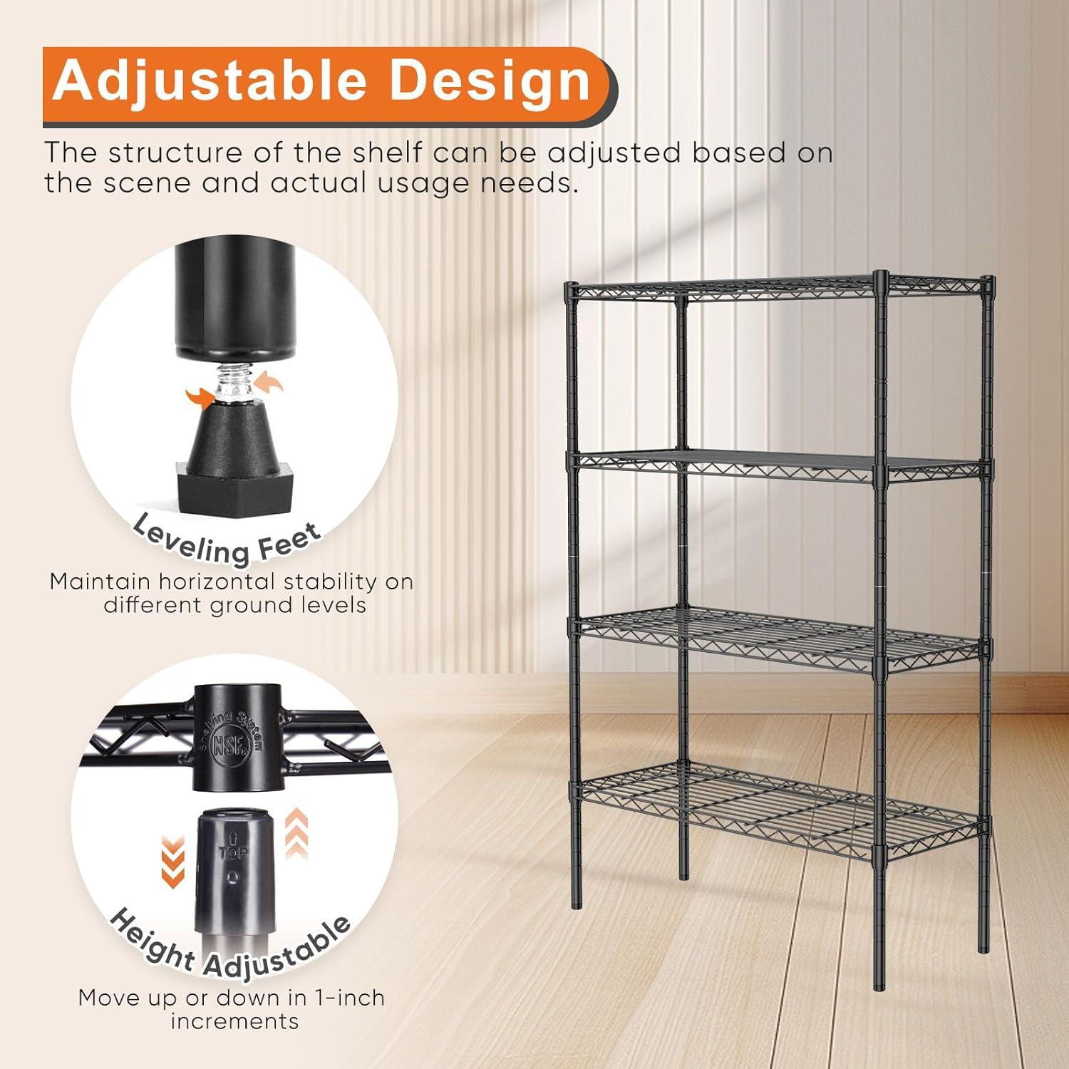 4-Tier Metal Storage Shelving, Adjustable Shelves Unit Heavy Duty Standing Shelf Organizer for Kitchen, Closet, Pantry, Garage, Bathroom, Laundry