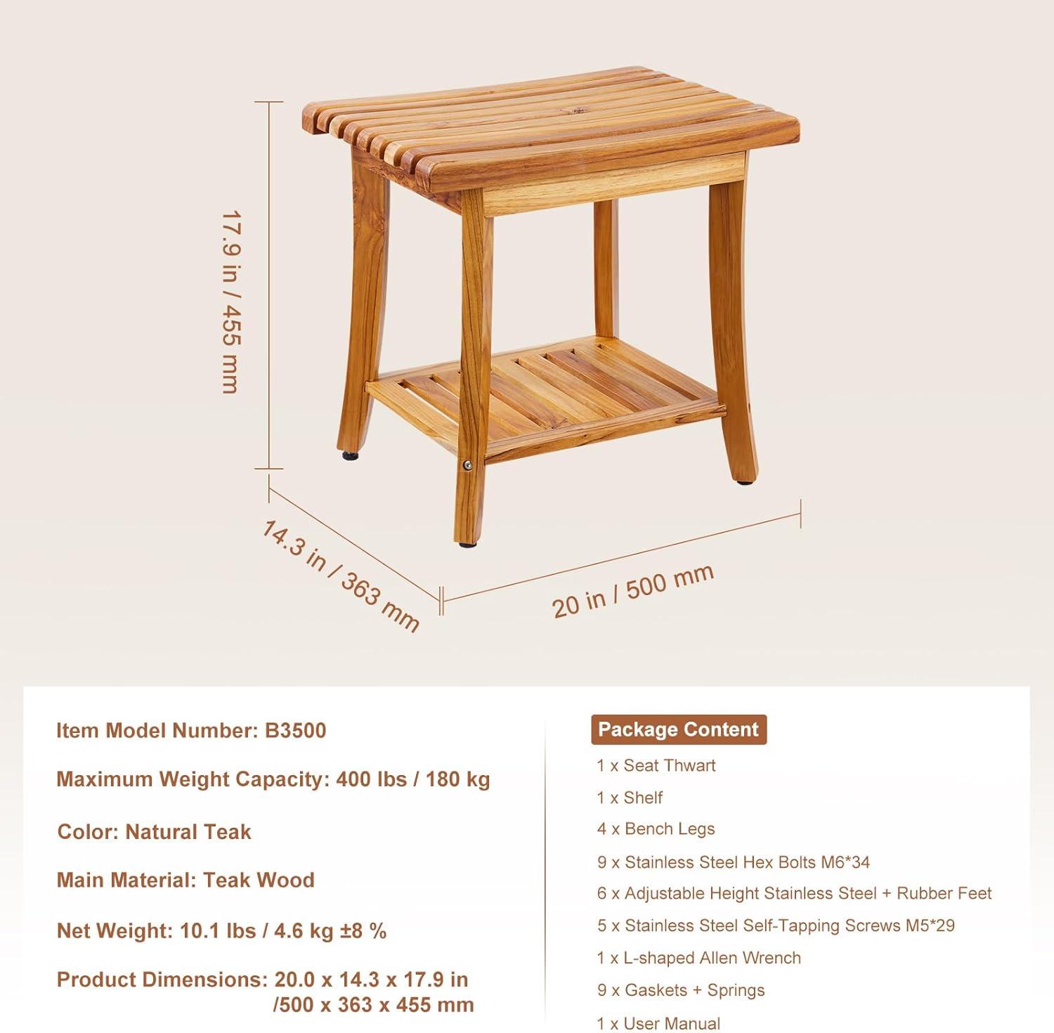 Teak Wood Shower Bench with Storage Shelf and Non-Slip Pads