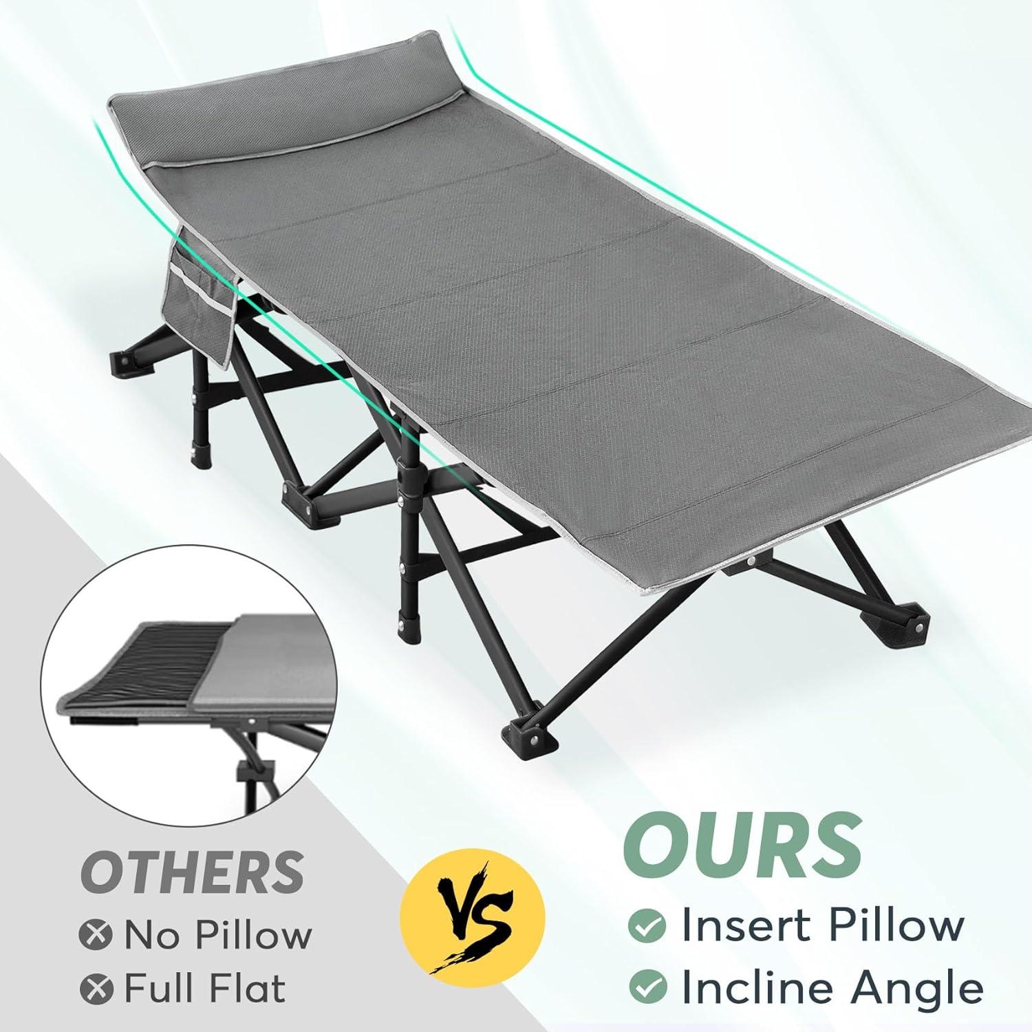 XXL Gray Folding Camping Cot with Black Mattress