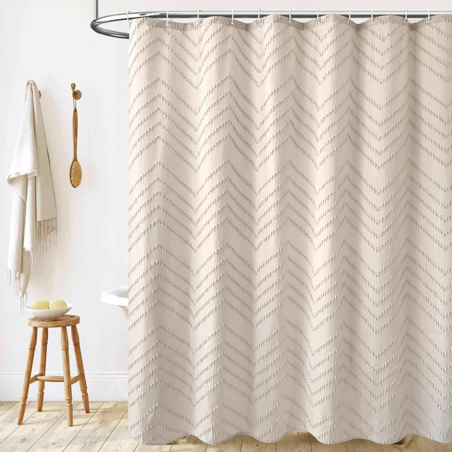 Beige Boho Shower Curtain 72 X 72 Modern Farmhouse Shower Curtain Bohemian Chic Tufted Chevron Textured Striped Minimalist Shower Curtain Woven Fabric Cute Beige/Cream Shower Curtain