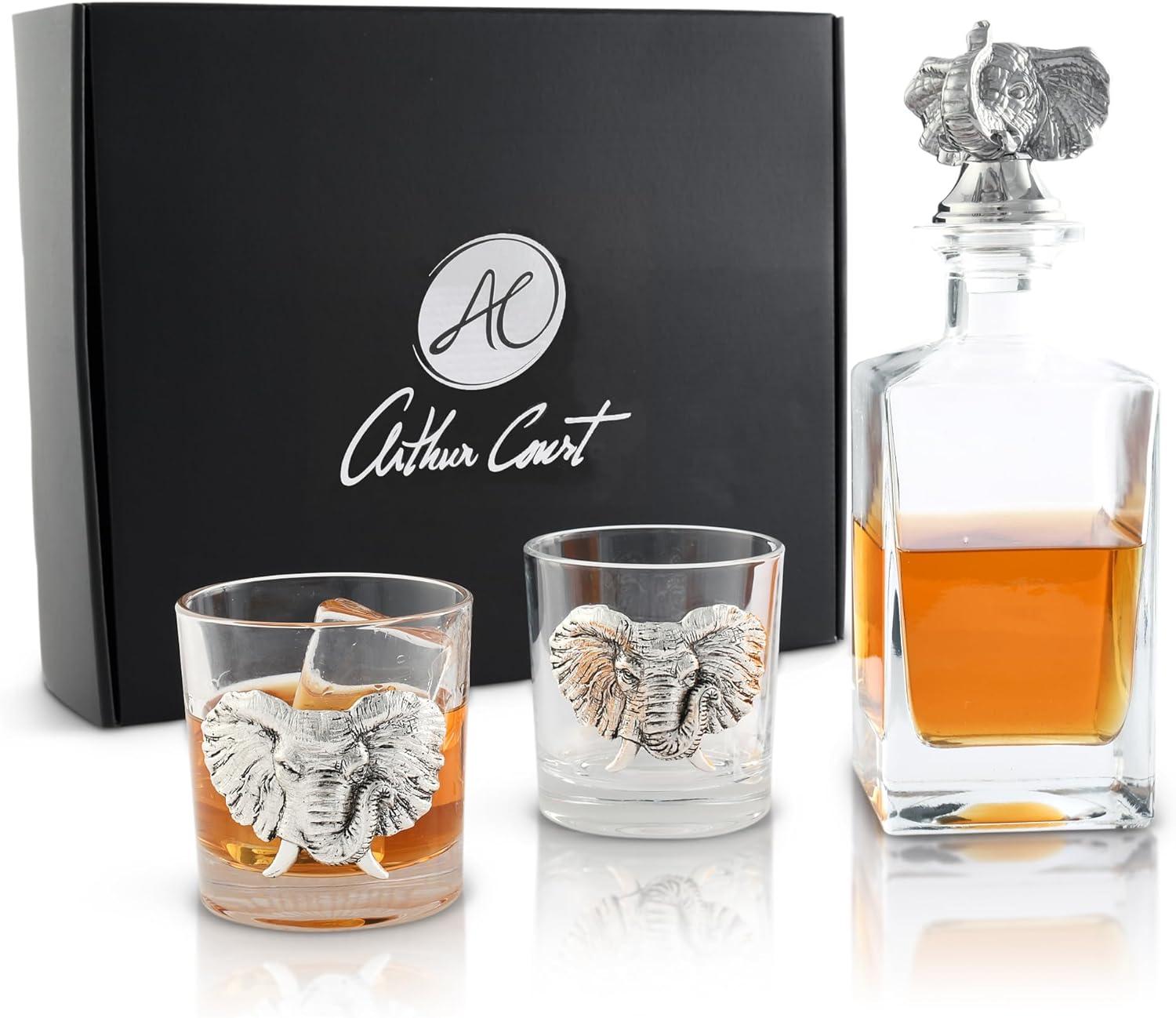 Arthur Court Designs Elephant Glass Whiskey Decanter with Pair of Double Old Fashion Glasses