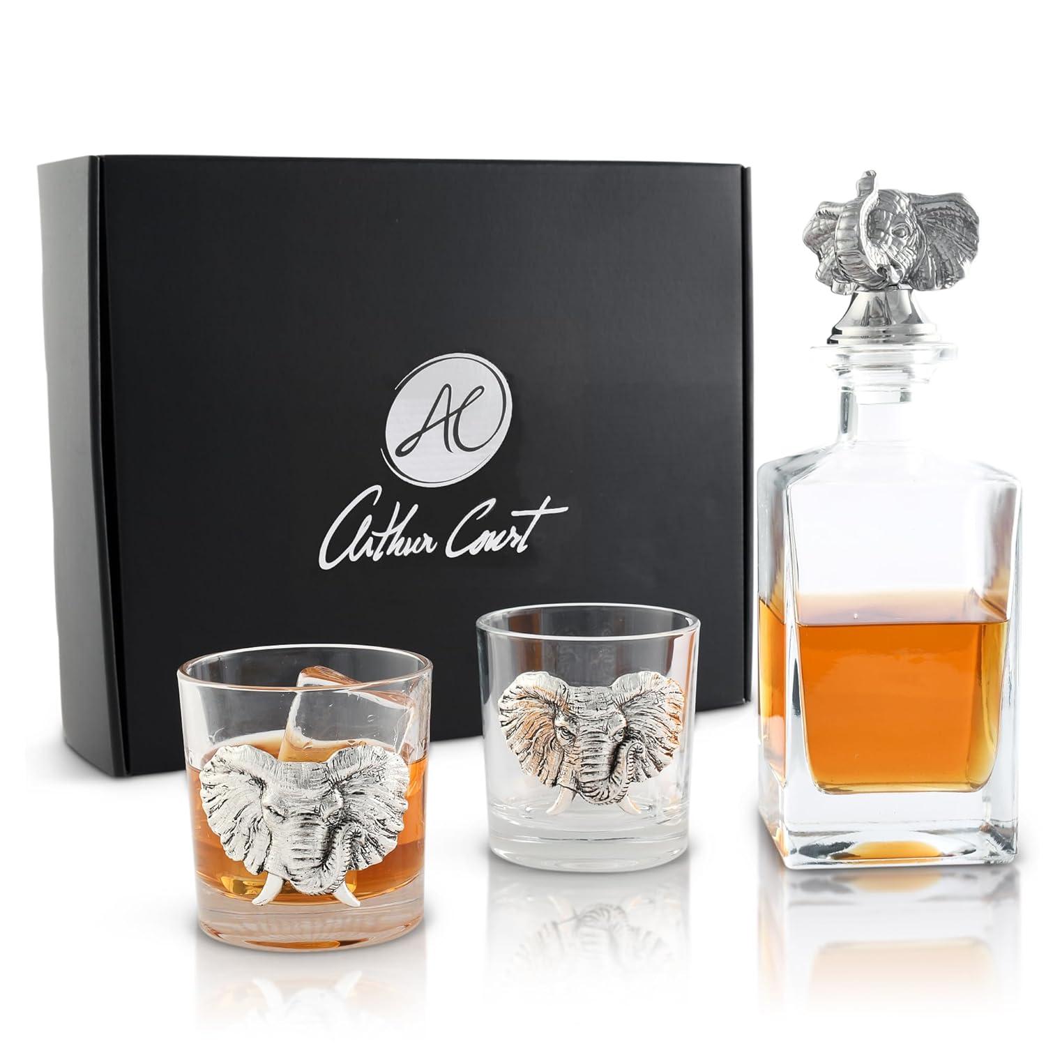 Arthur Court Designs Elephant Glass Whiskey Decanter with Pair of Double Old Fashion Glasses