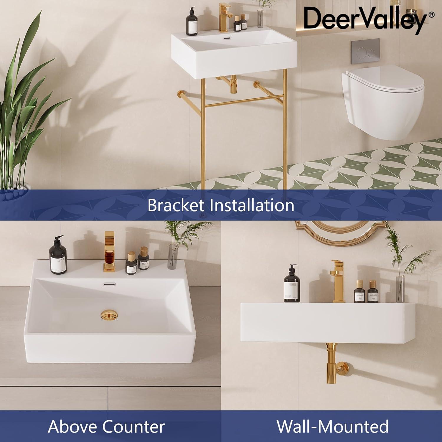 Ceramic White Rectangular Single Faucet Hole 24 in Console Bathroom Sink with Overflow