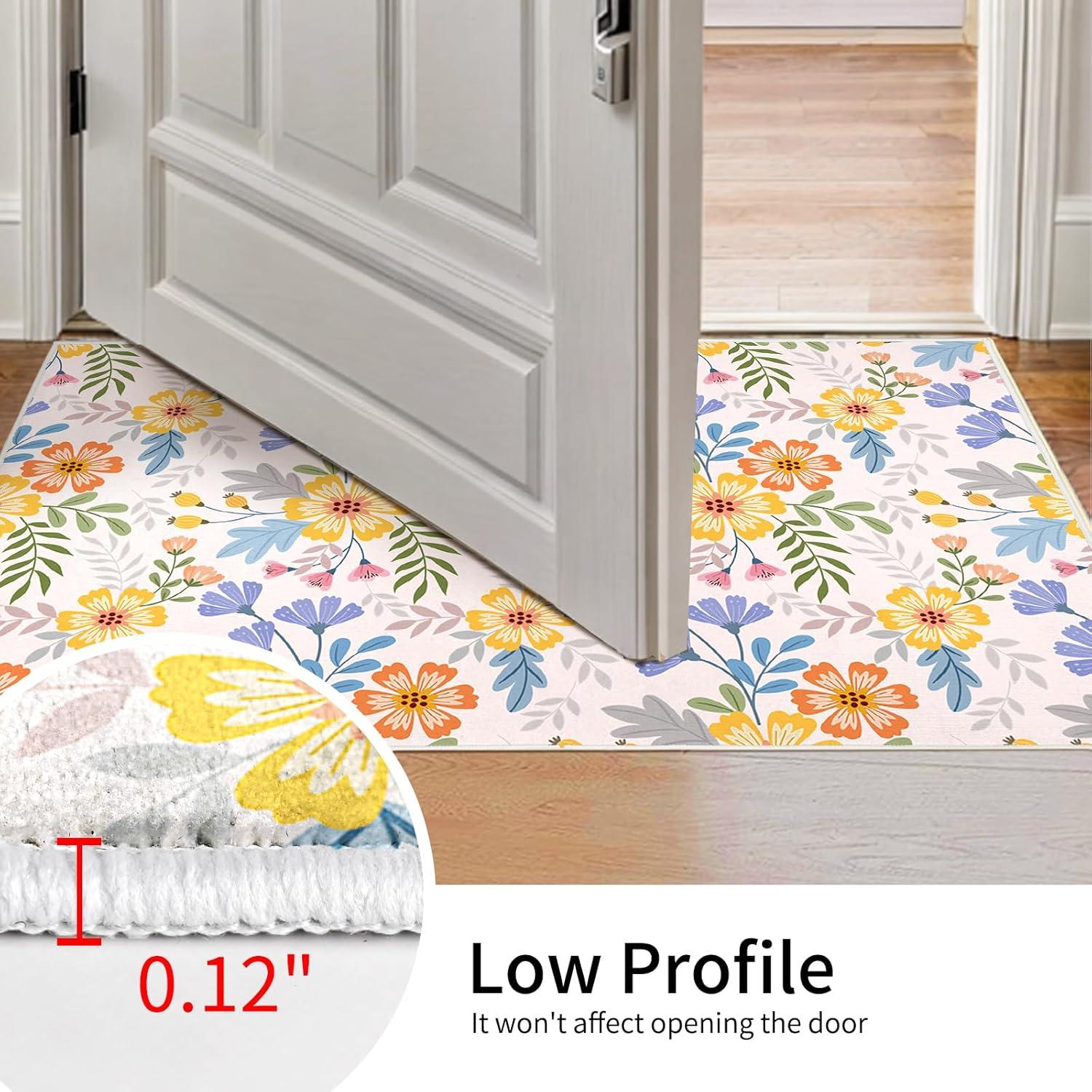 Boho Floral Small Area Rug Entryway Rug Doormat 2x3 Rug Machine Washable Non-Slip Low Pile Throw Rugs for Indoor Front Entryway, Kitchen, Bathroom, Entry,Kids Room-Purple