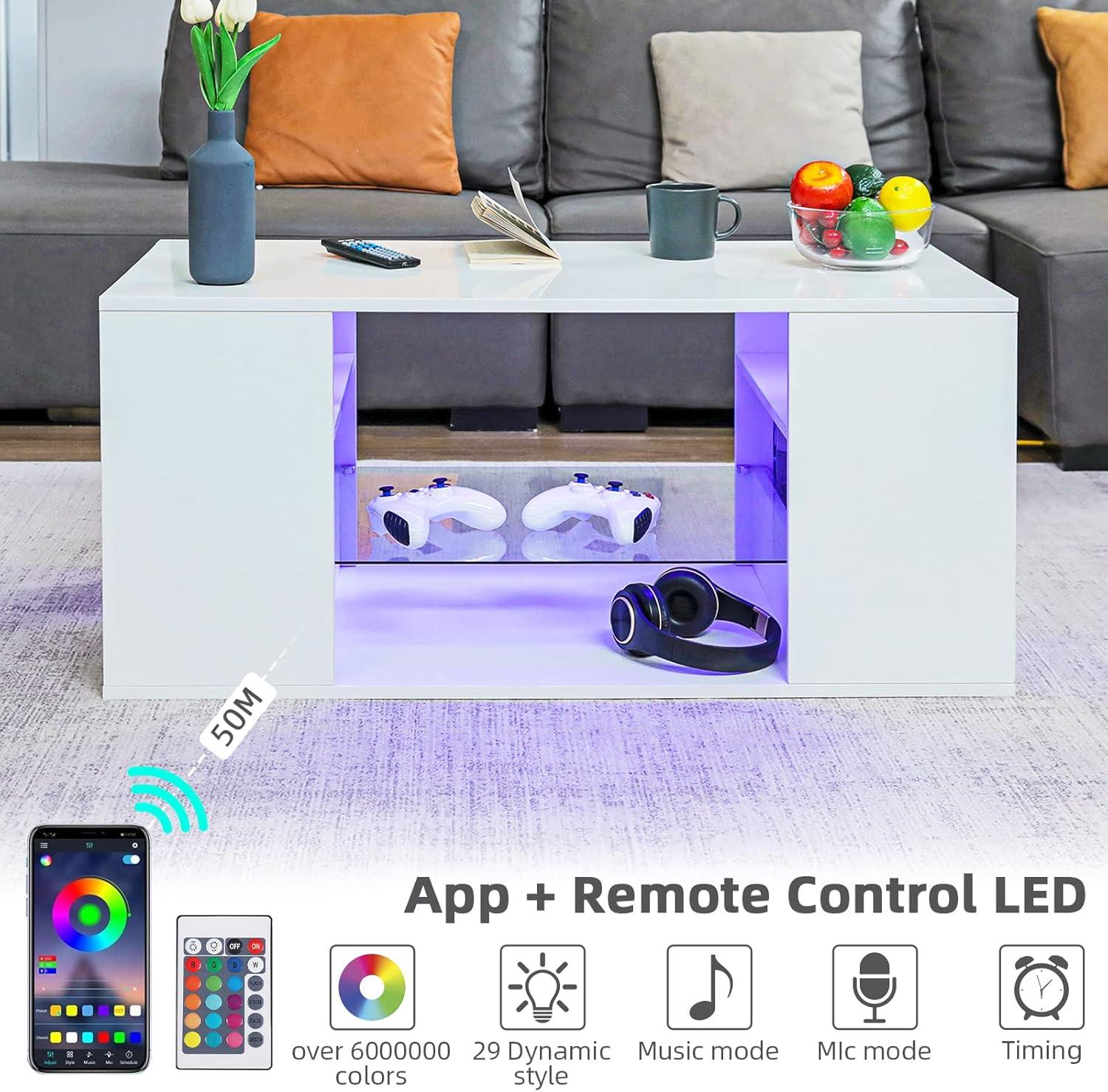 Hommpa White Coffee Table LED Coffee Table with Storage Modern Living Room Table Glass Open Shelves Rectangle Cocktail Center Tables High Gloss