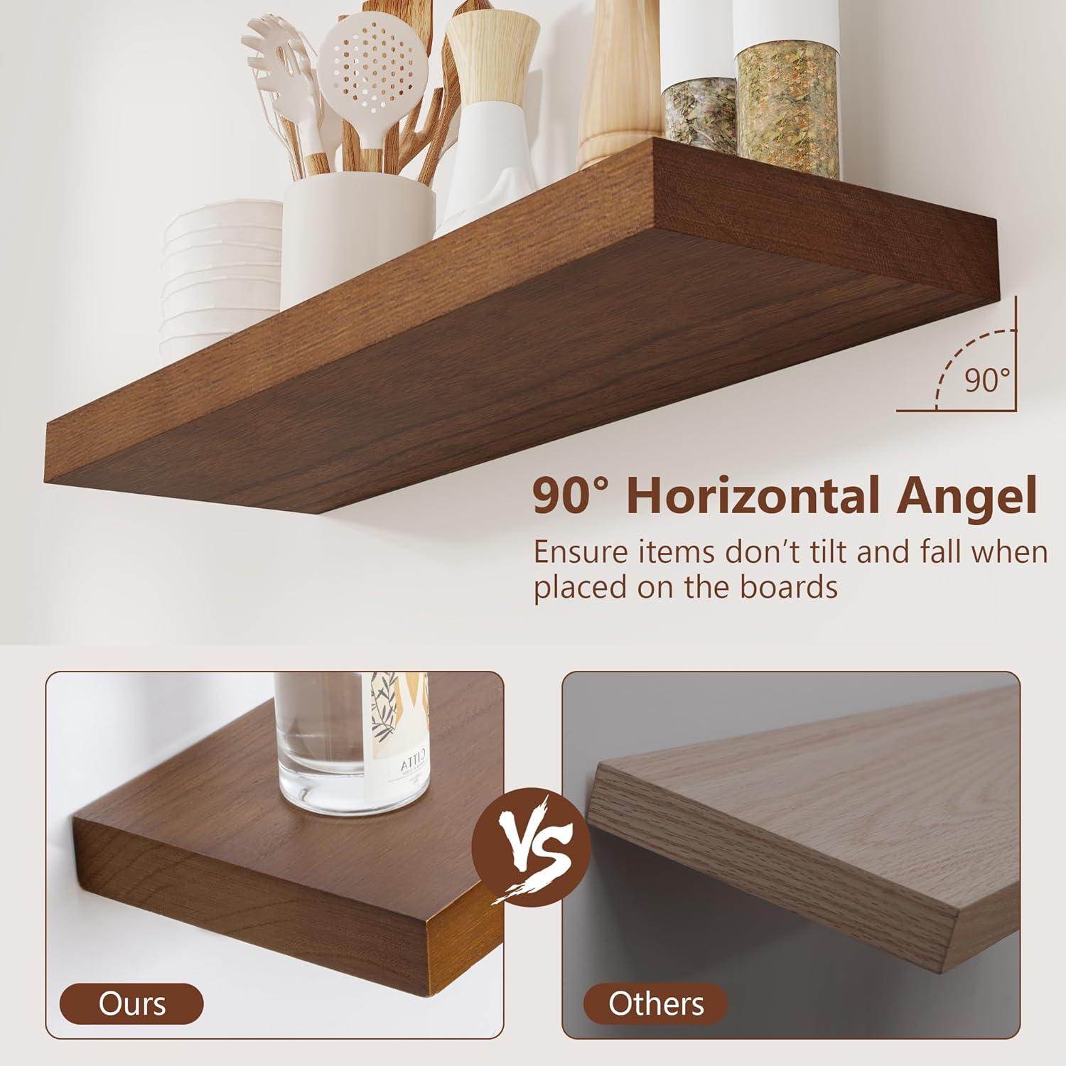 24 Inch Floating Shelves Set of 2, Rustic Solid Wood Wall Mounted Shelves for Decor & Storage, Dark Walnut Shelves for Bedroom Kitchen Living Room - Dark Walnut