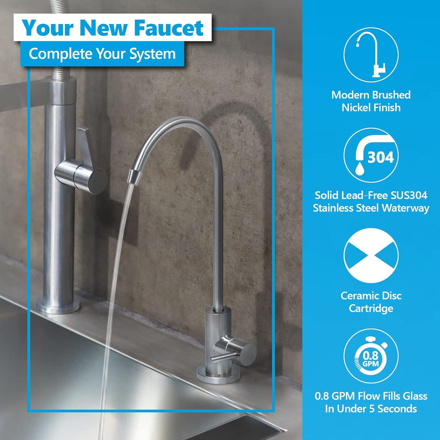 Express Water Modern Water Filter Faucet – Brushed Nickel Coke-Shaped Faucet – 100% Lead-Free Drinking Water Faucet – Compatible with Reverse Osmosis Water Filtration Systems