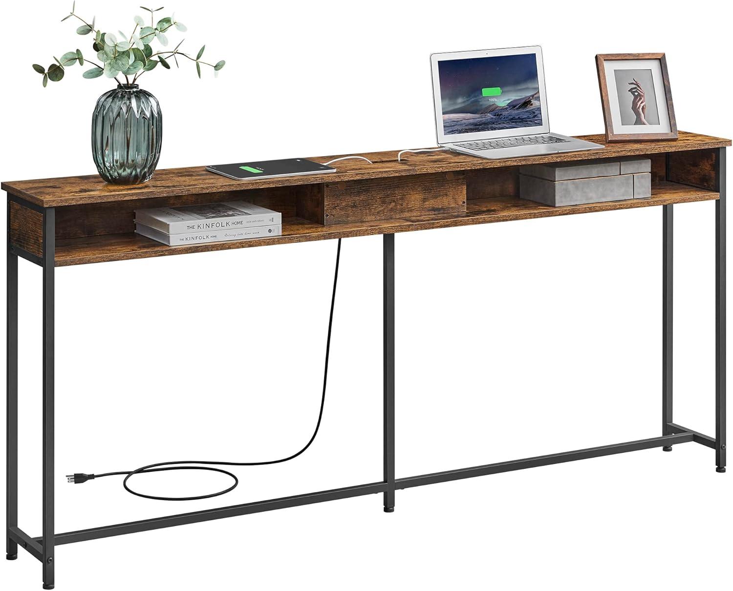 Rustic Brown and Black Console Table with Storage and Charging Station